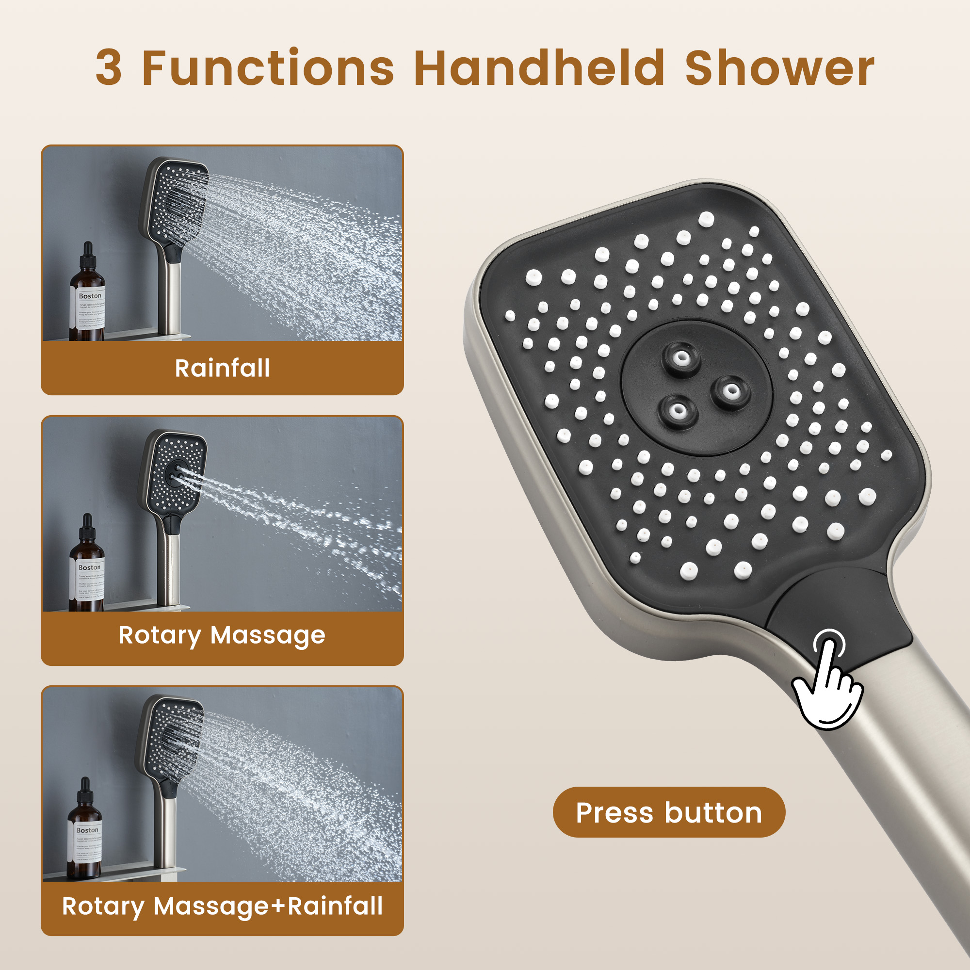 Ceiling Mount 3 Function Thermostatic Shower System with Rainfall Massage Jets