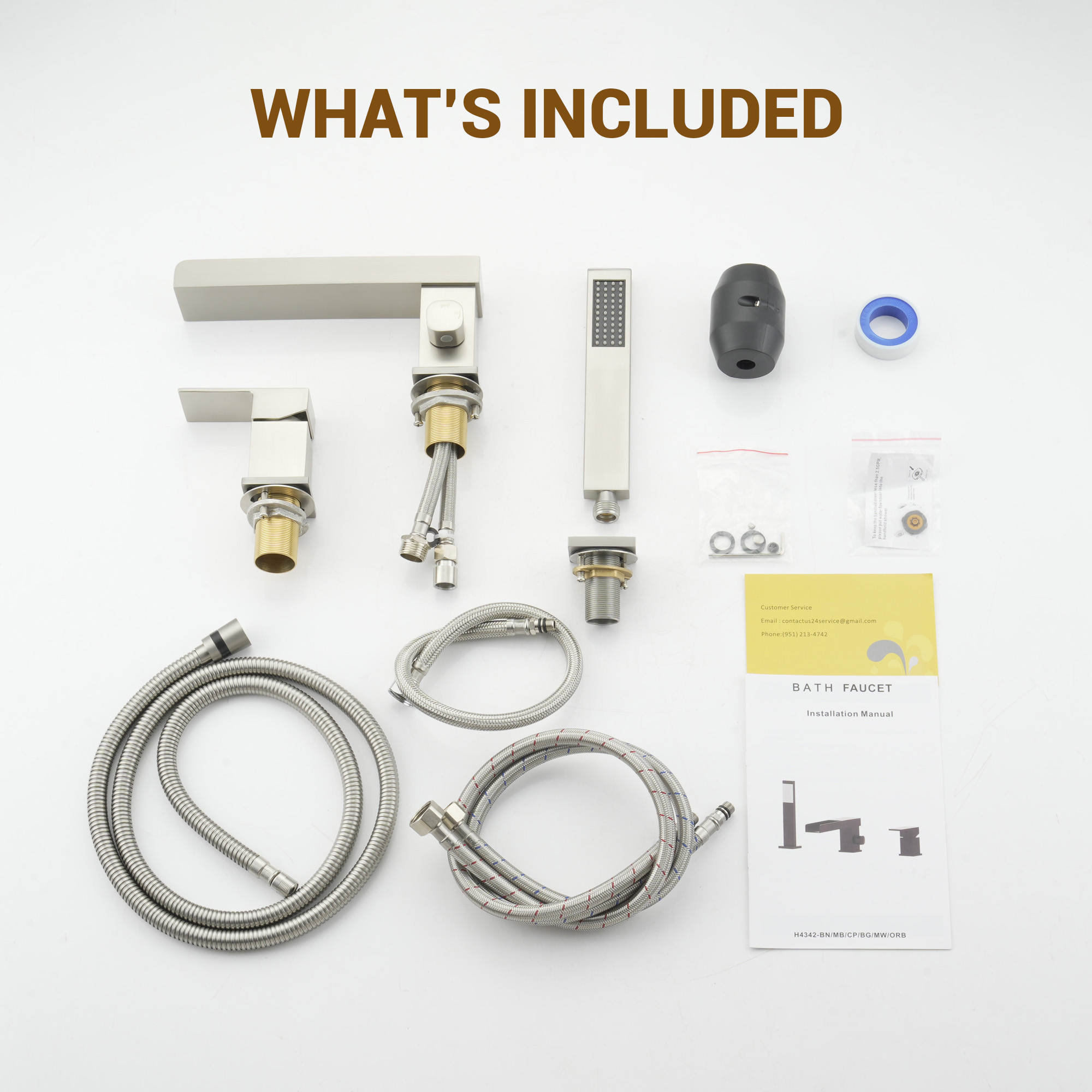 Single-Handle 3 Holes Waterfall Bathtub Filler Faucet with Hand Shower