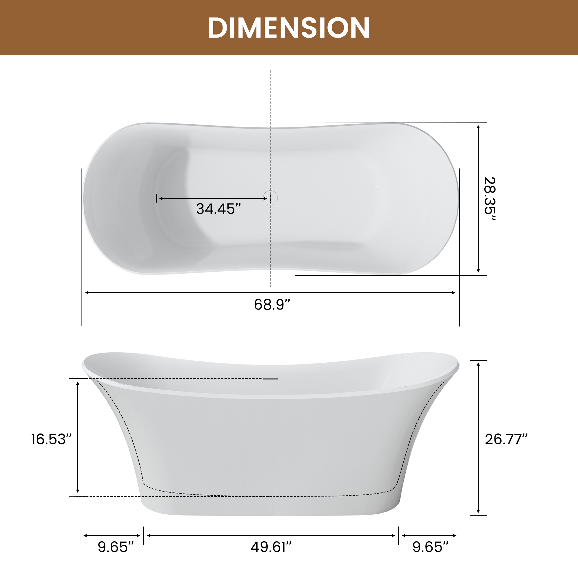69" Freestanding Solid Surface Bathtub with Dual Sloped Headrests