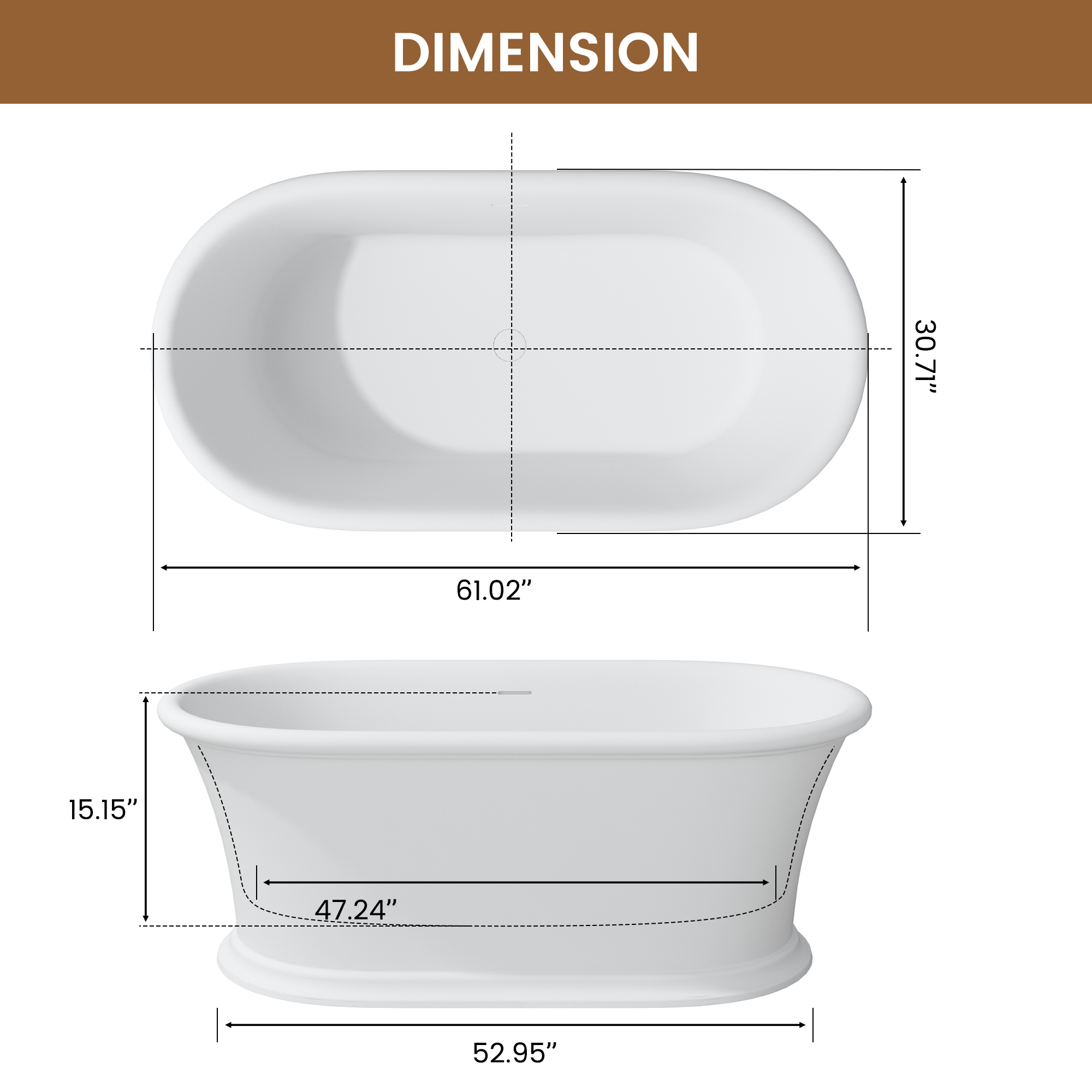 61" Hand-Polished Matte White Freestanding Bathtub with Pedestal Base