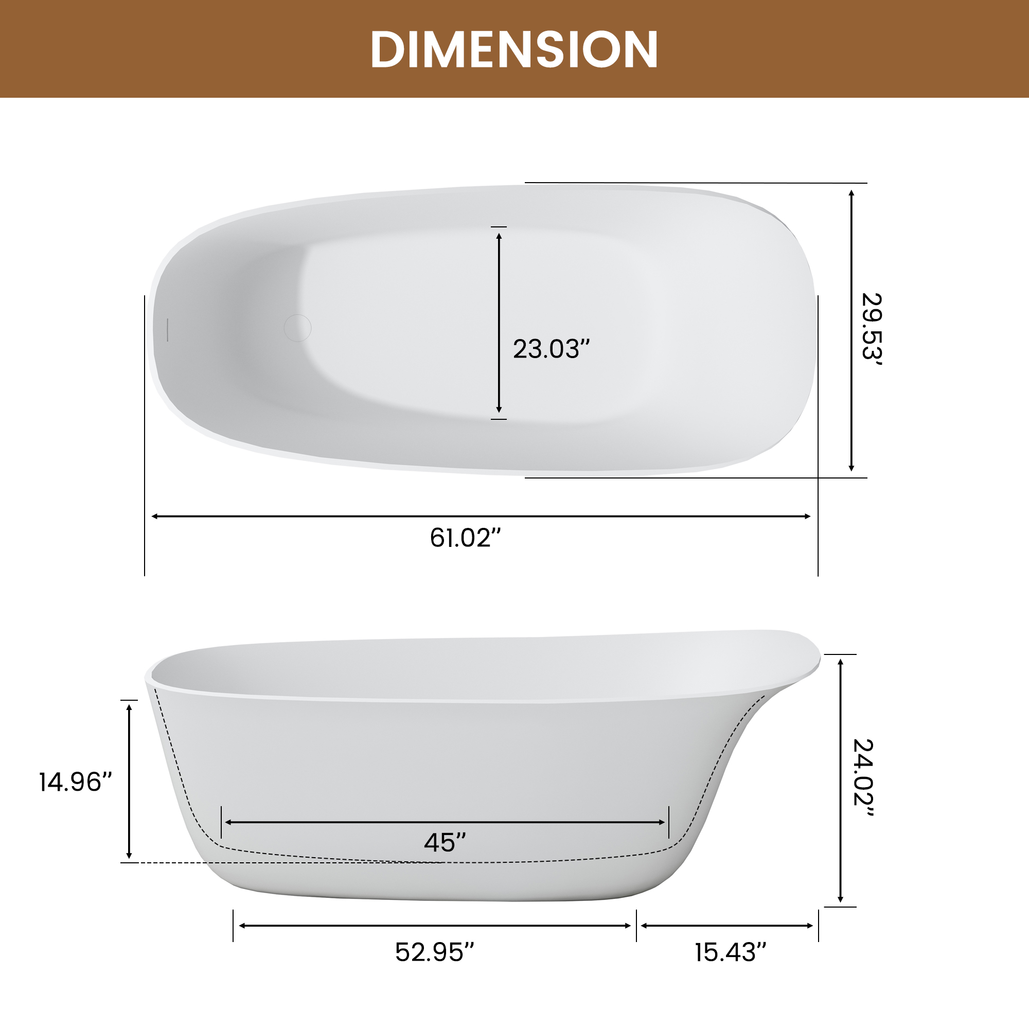 63" Solid Surface Freestanding Soaking Tub with Unique Cap Design