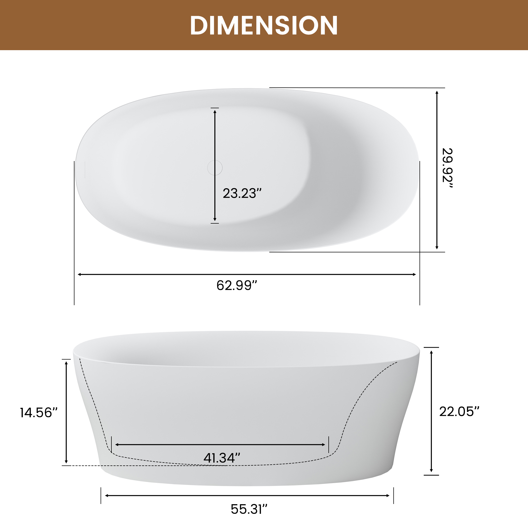 63" Solid Surface Freestanding Bathtub with Thickened Edge in Matte White