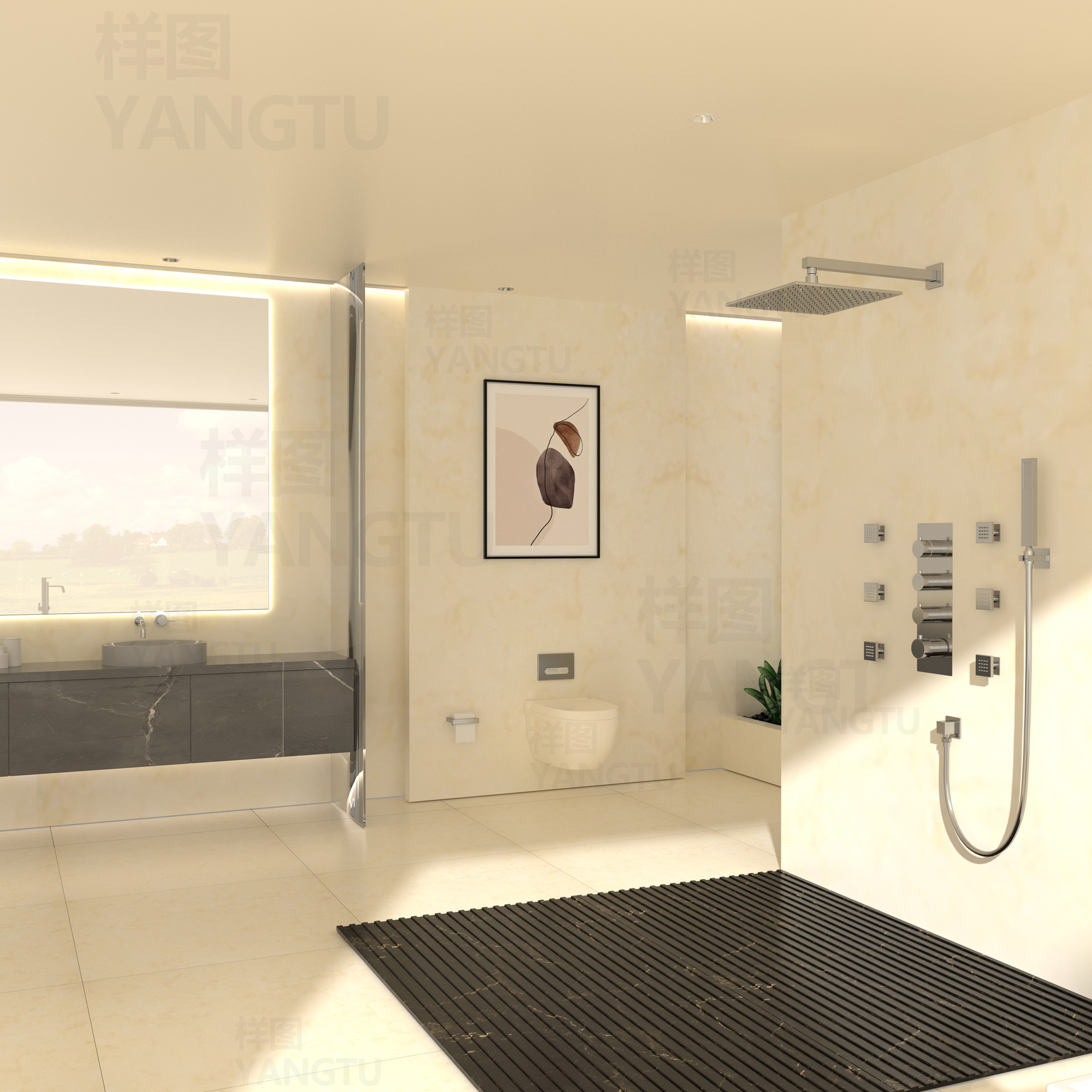 12" Thermostatic LED Shower System Wall-Mount Rain Showerhead with 6 Body Jets