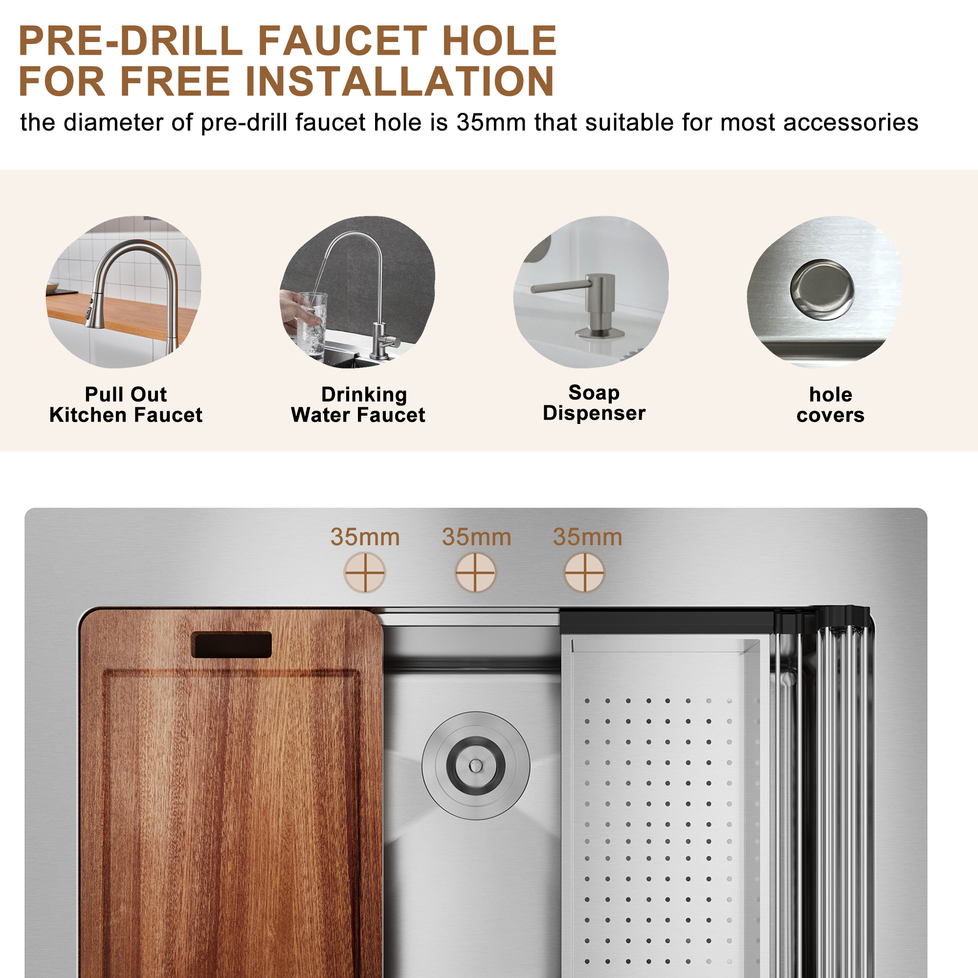 33inch 3-Hole Single Bowl Stainless Steel Drop-in Workstation Kitchen Sink with Accessories
