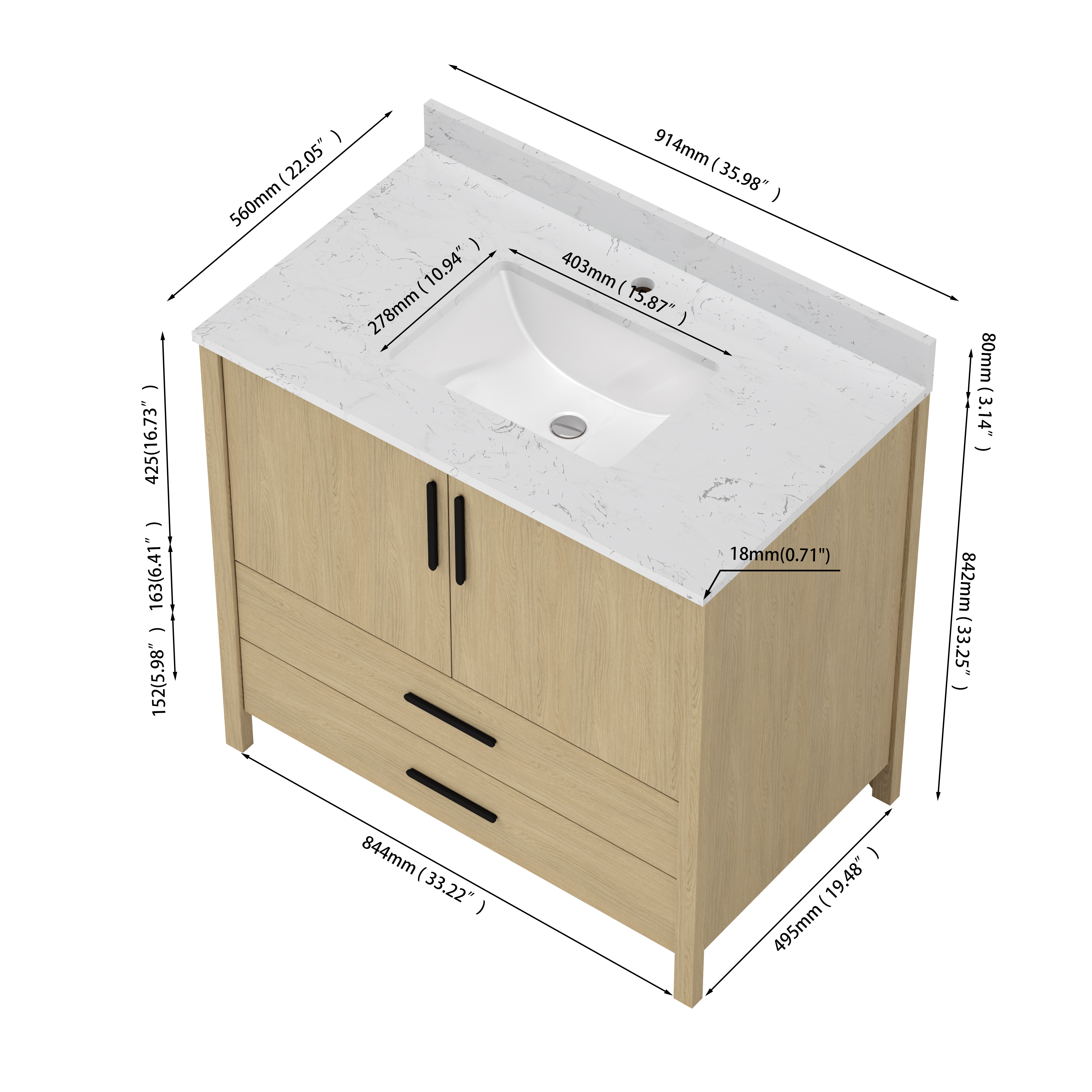 24"/36" Single Sink Bathroom Vanity with Light Natural Wood & Marble Top