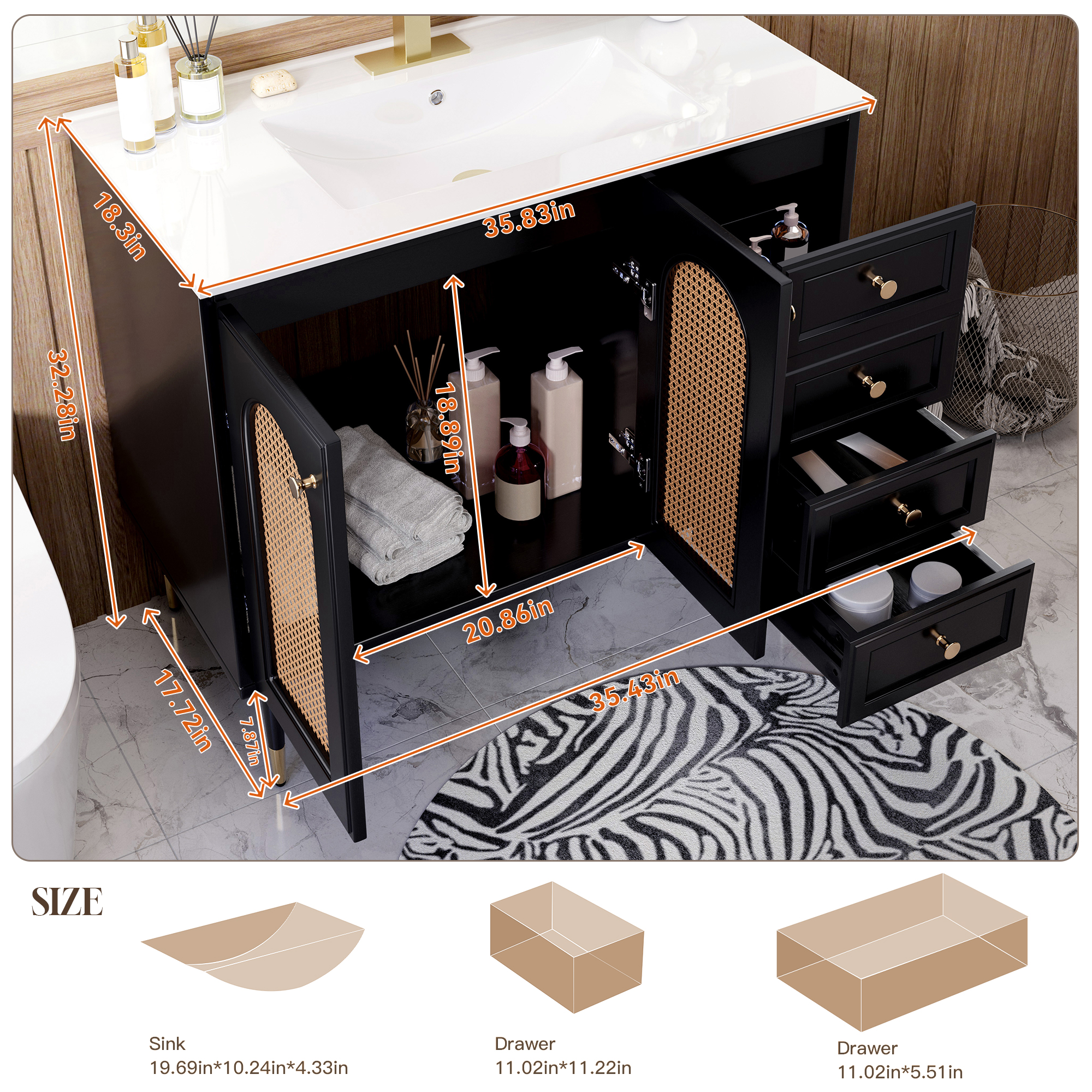 36" Bathroom Vanity with Ceramic Basin and Rattan Double Door Cabinet