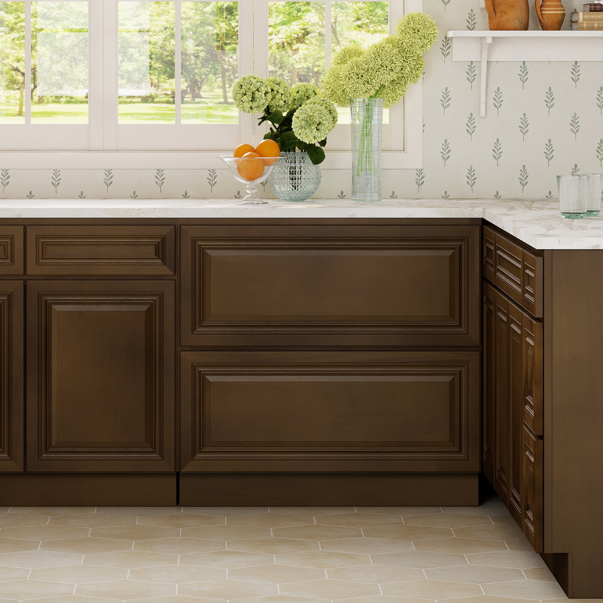 Dark Caramel RTA 36"W x 24"D x 34.5"H Base Cabinet with 2 Drawers