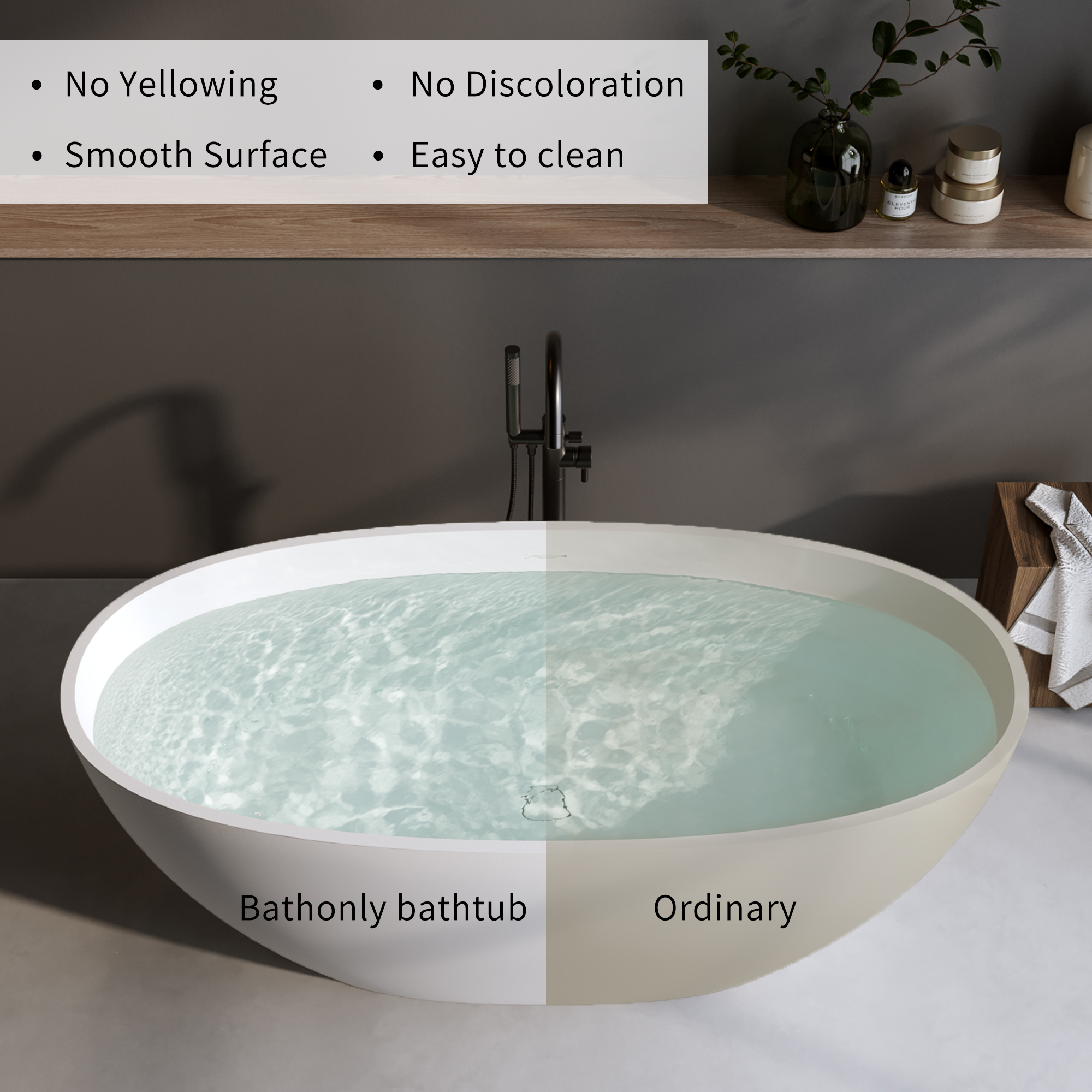 55"/59"/63"/67"/71" Freestanding Solid Surface Soaking Bathtub with Smooth Matte Finish