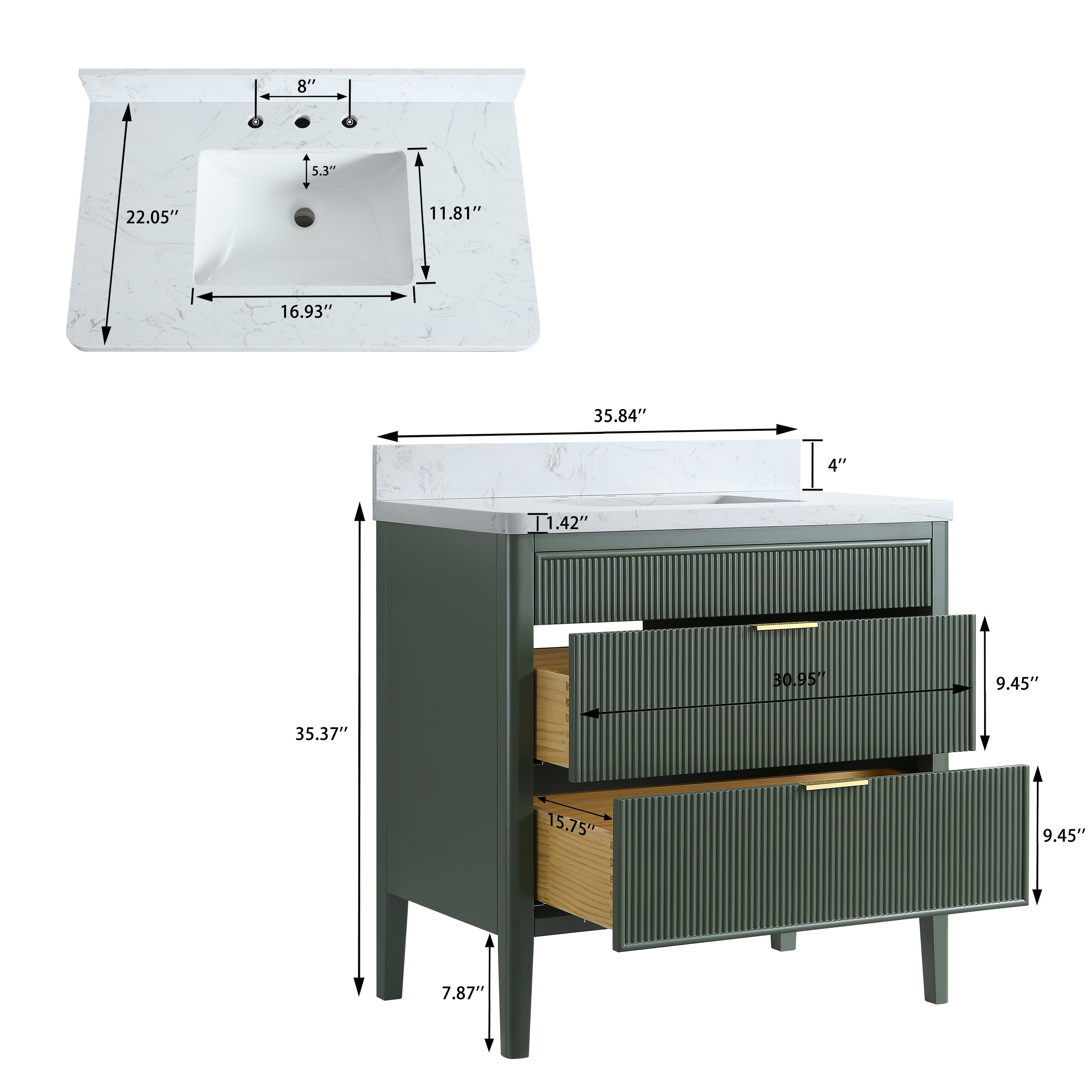 30"/36"/48" Freestanding Single Sink Bathroom Vanity with Solid Wood Construction & Marble Top