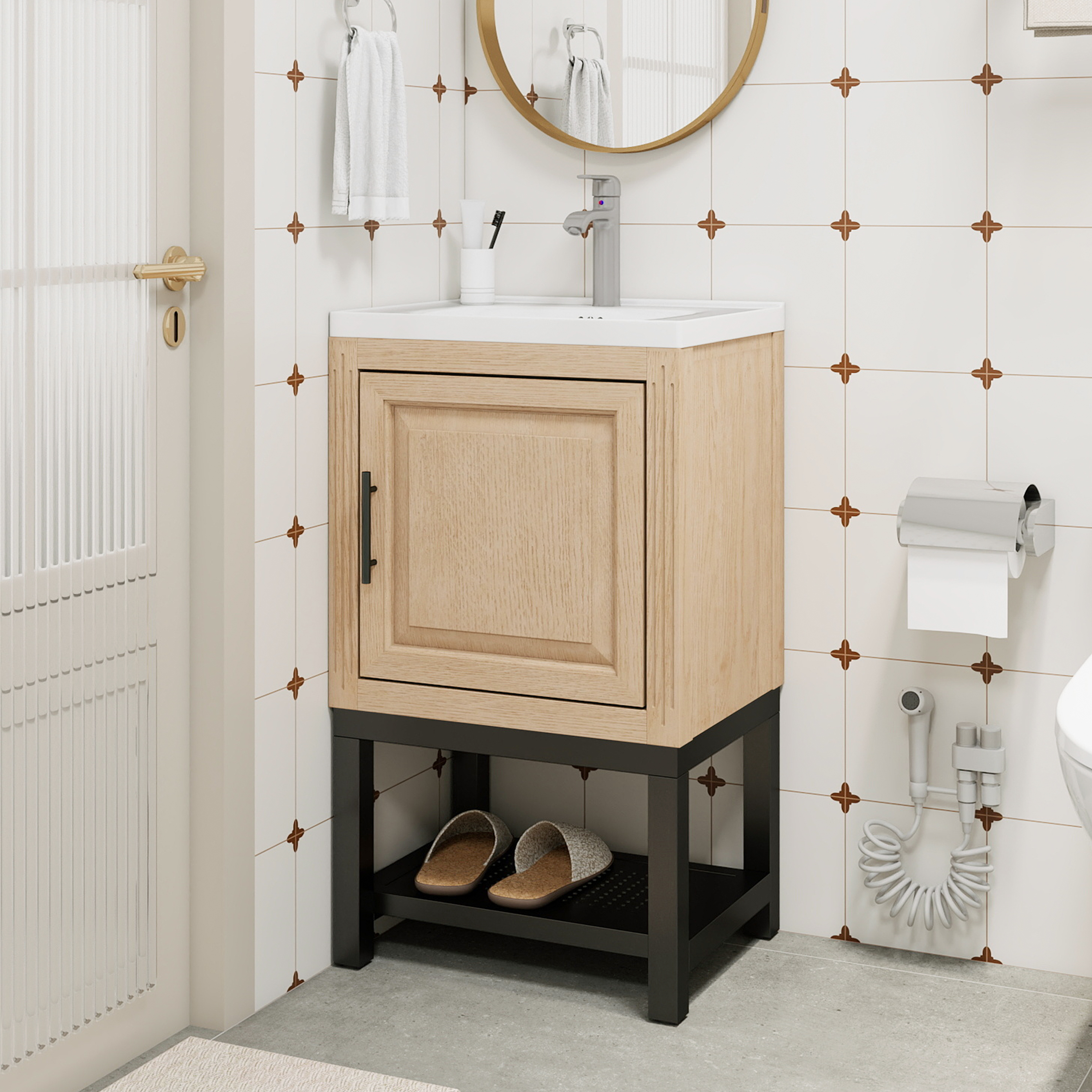 Freestanding Bathroom Vanity with White Ceramic Sink & Hot and Cold Faucet