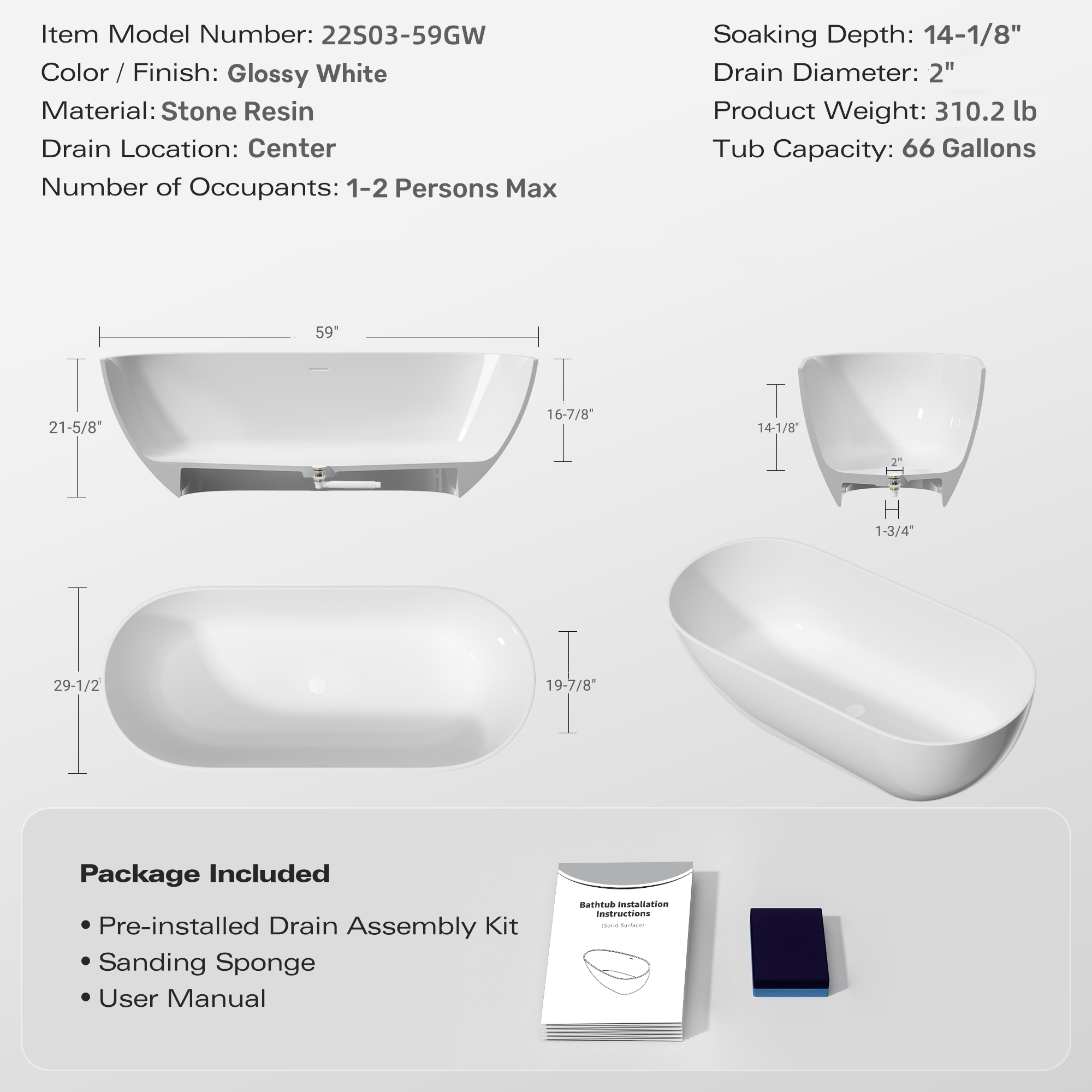 59" Freestanding Stone Resin Soaking Tub with Overflow & Pop-Up Drain