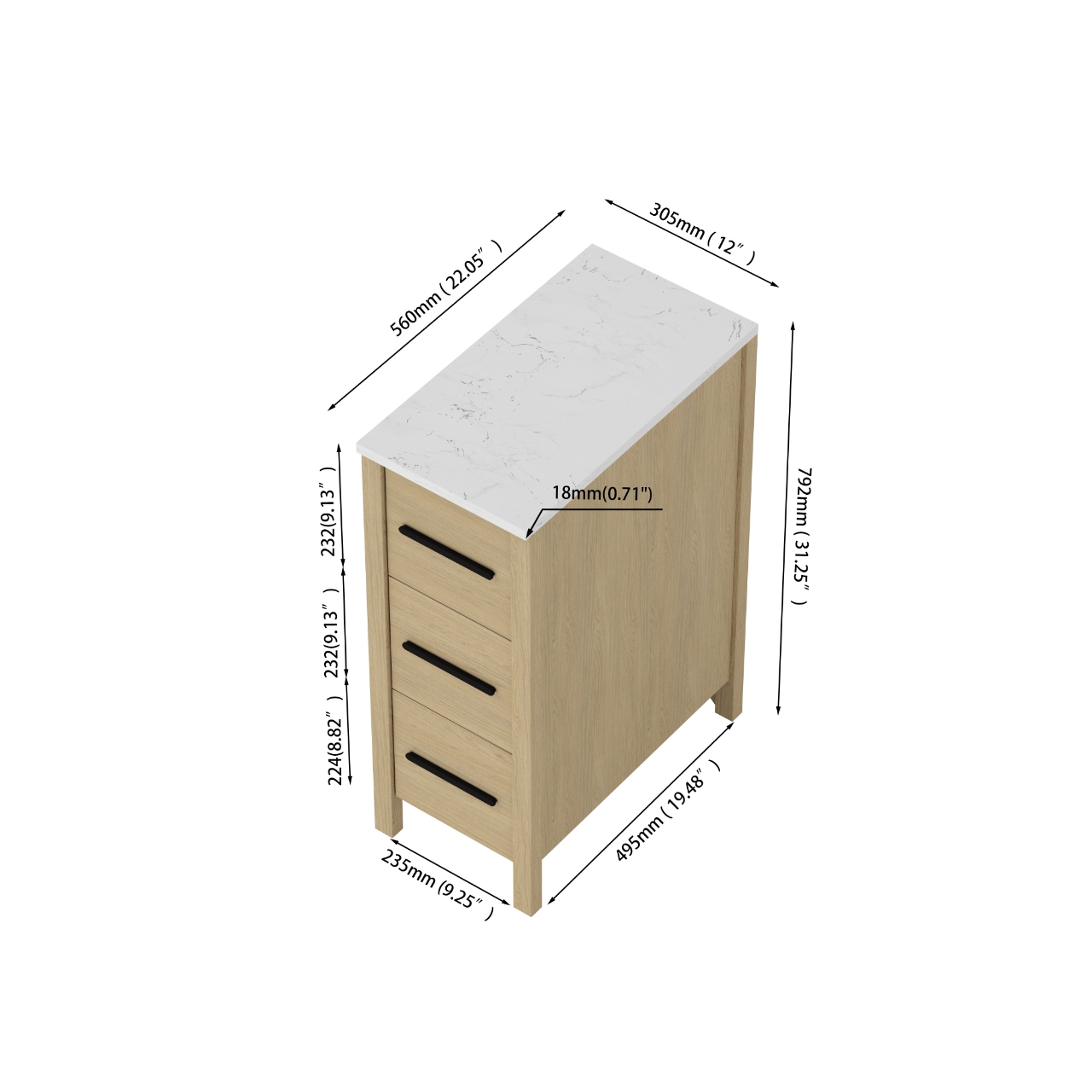 12" Corner Bathroom Vanity with Light Natural Wood & 3 Drawers
