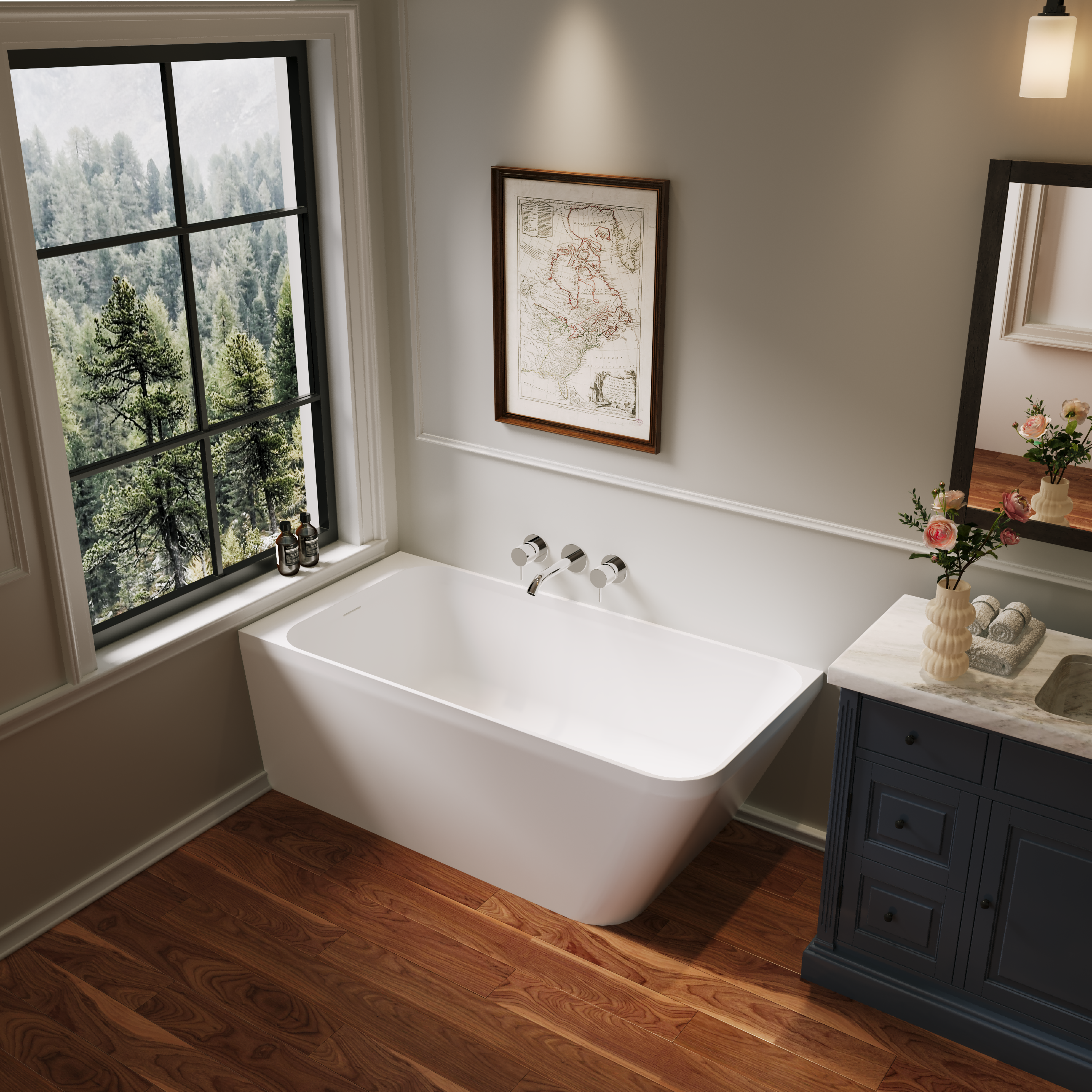 59" Alcove Solid Surface Soaking Bathtub with Left Overflow and Drain