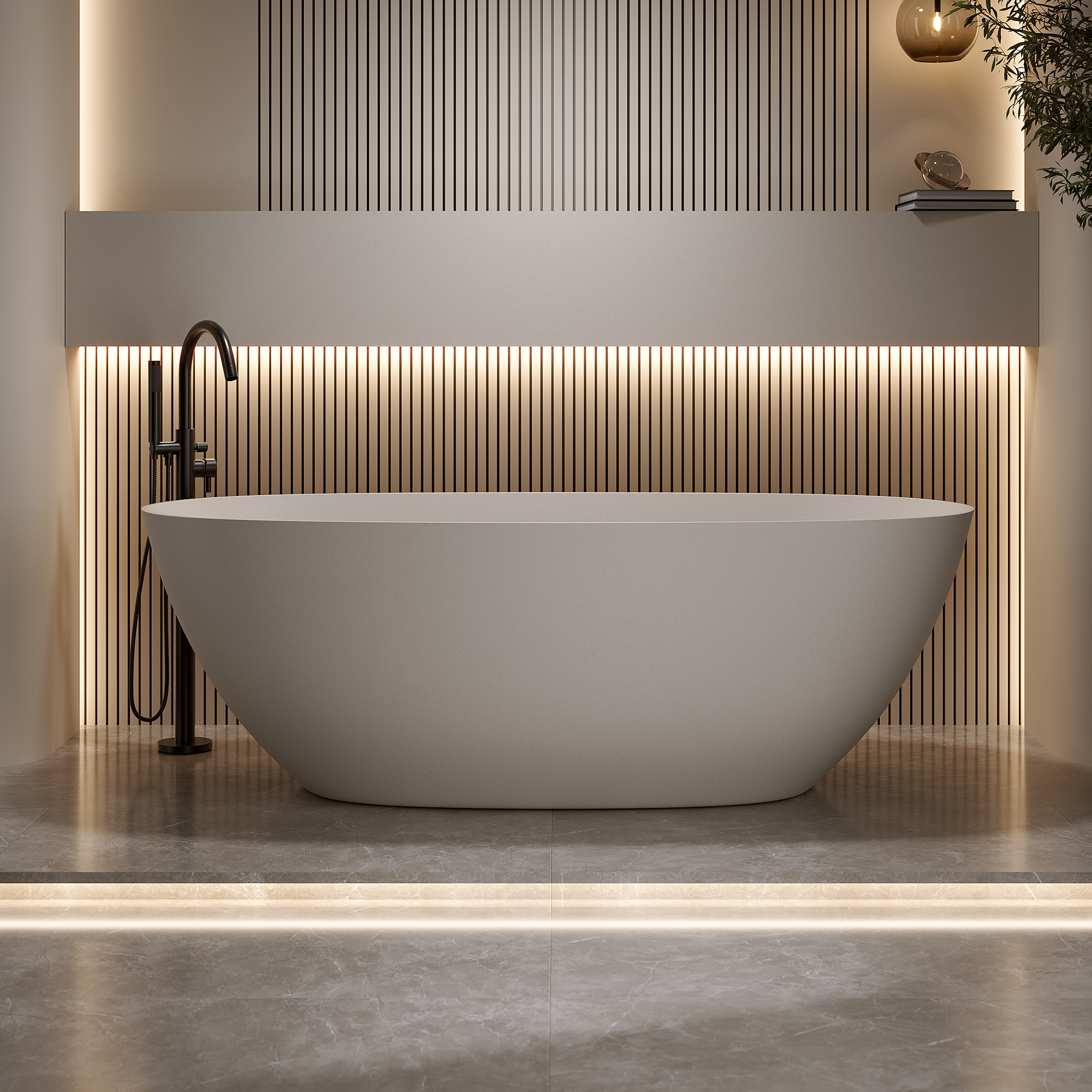 57"/61"/65"/69" Minimalist Solid Surface Freestanding Bathtub in Pine Crest and Shadow Whisper