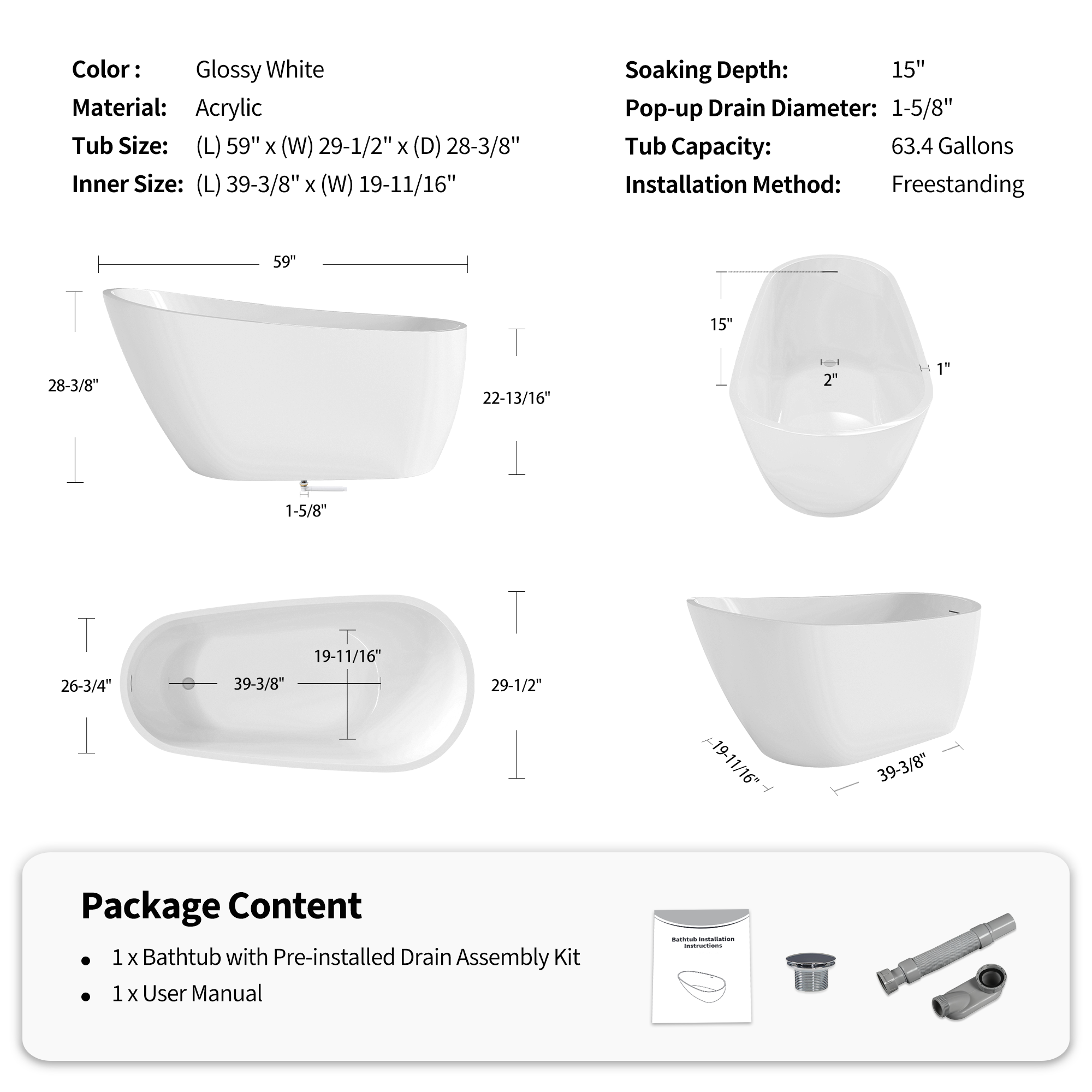 59" Glossy White Acrylic Freestanding Soaking Bathtub with Pop-Up Drain and Integrated Overflow