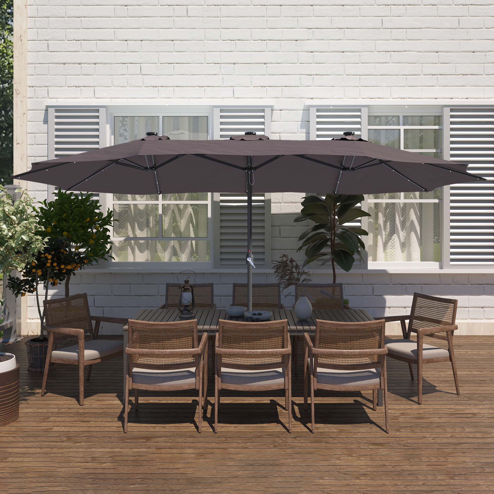 15ft Patio Steel Rectangular Double-Sided Market Umbrella With Base, Classic Design or Solar LED Lights Options,UV Sun Protection & Easy Crank for Deck Pool Patio.