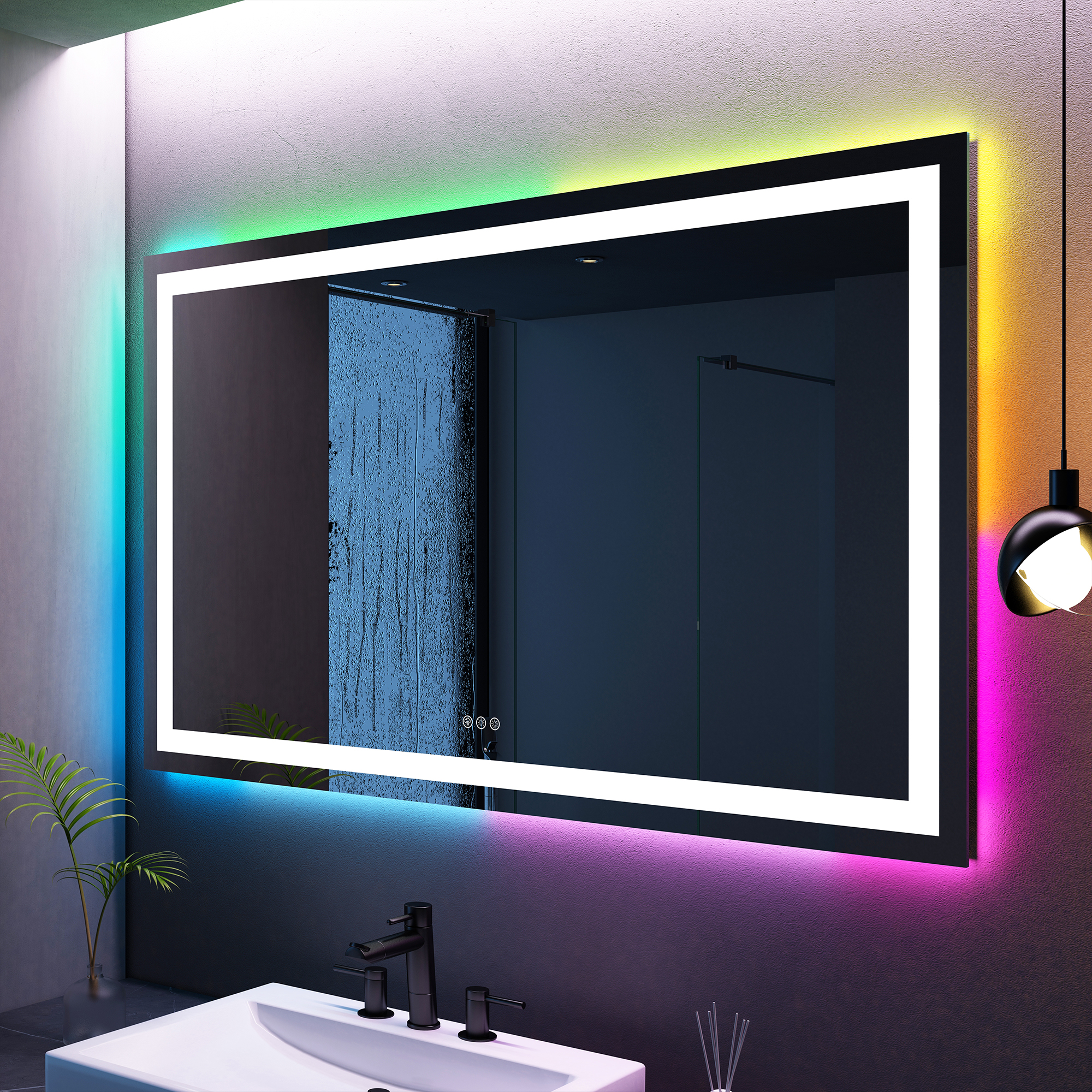 Tempered RGB LED Bathroom Mirror with Smart Controls & Anti-Fog