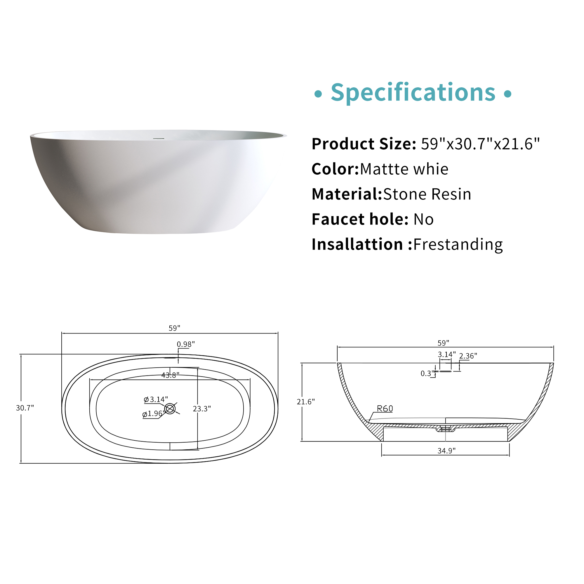 55"/59"/63"/67"/71" Freestanding Solid Surface Soaking Bathtub with Smooth Matte Finish