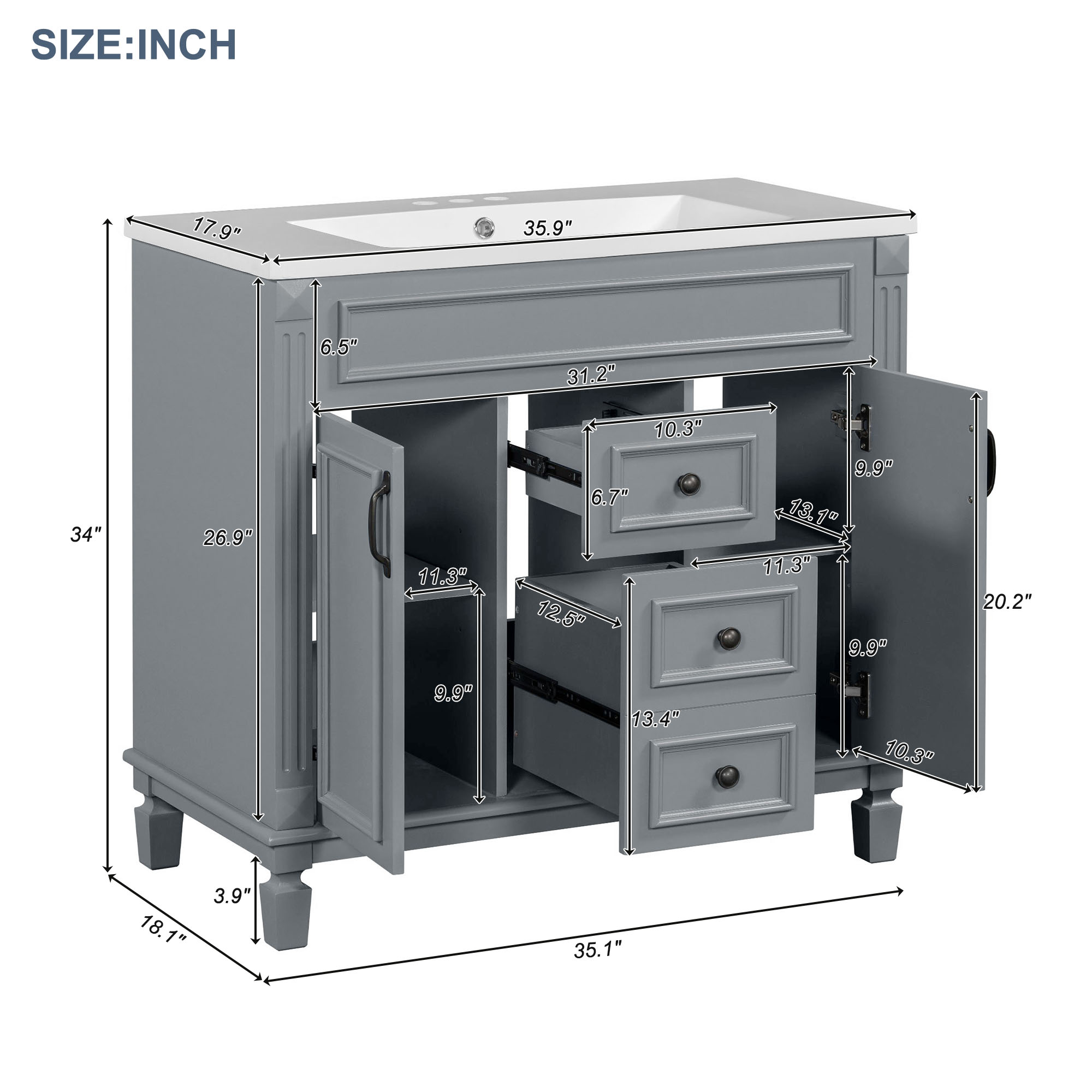 36'' Single Sink Freestanding Bathroom Vanity with 2 Soft Closing Doors and 2 Drawers