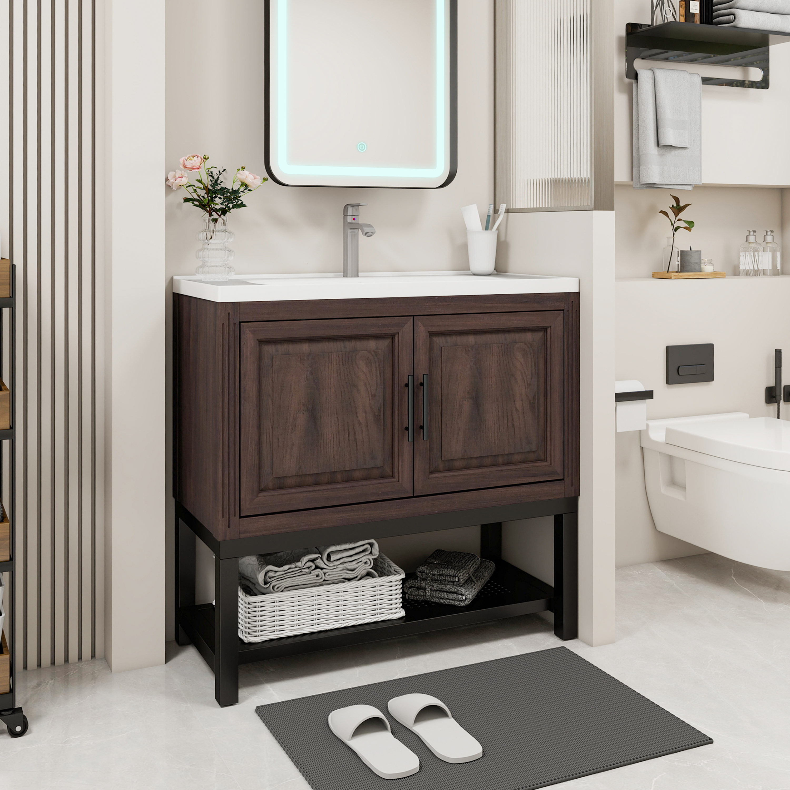 Freestanding Bathroom Vanity with White Ceramic Sink & Hot and Cold Faucet