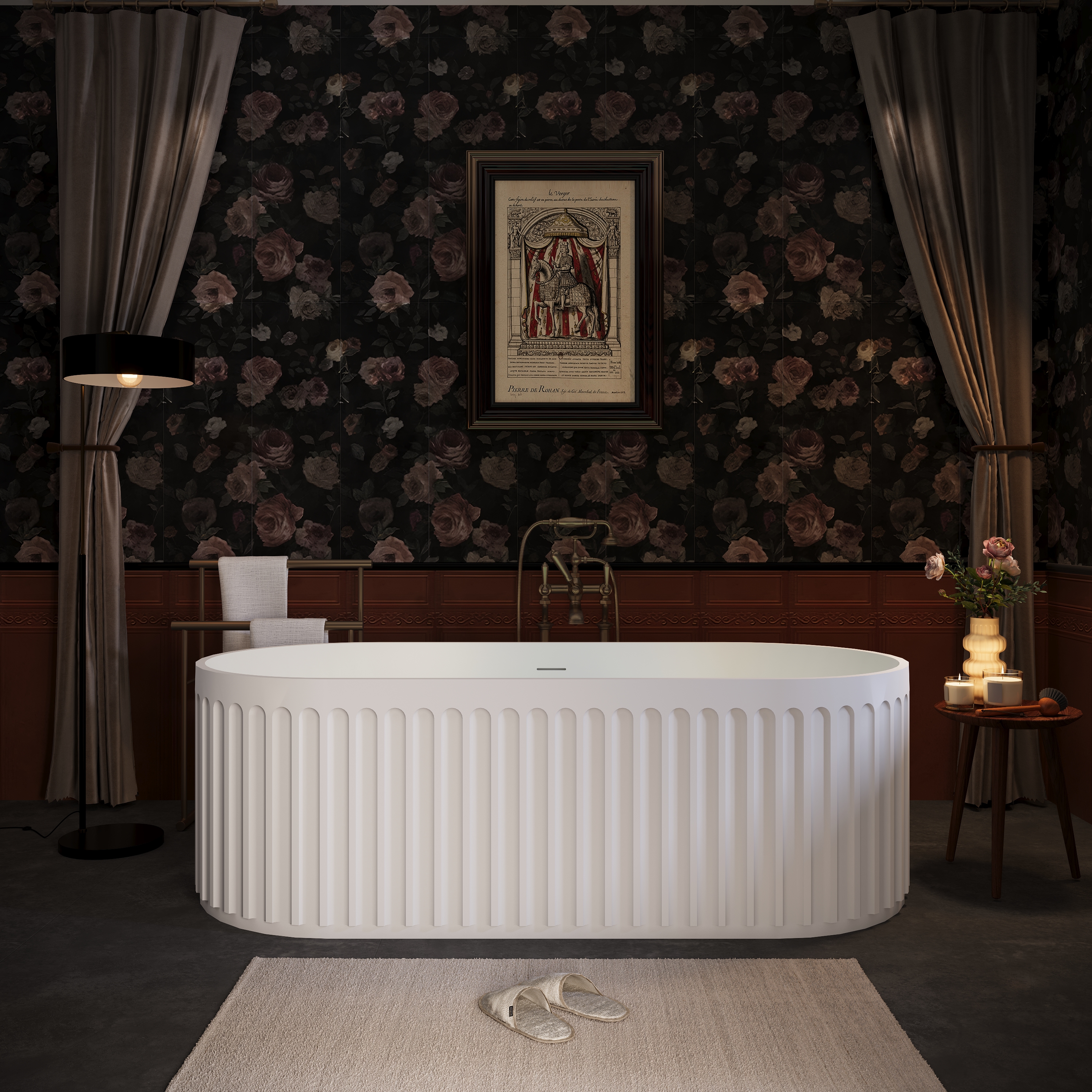 67" Luxury Solid Surface Freestanding Bathtub with Ribbed Vertical Texture