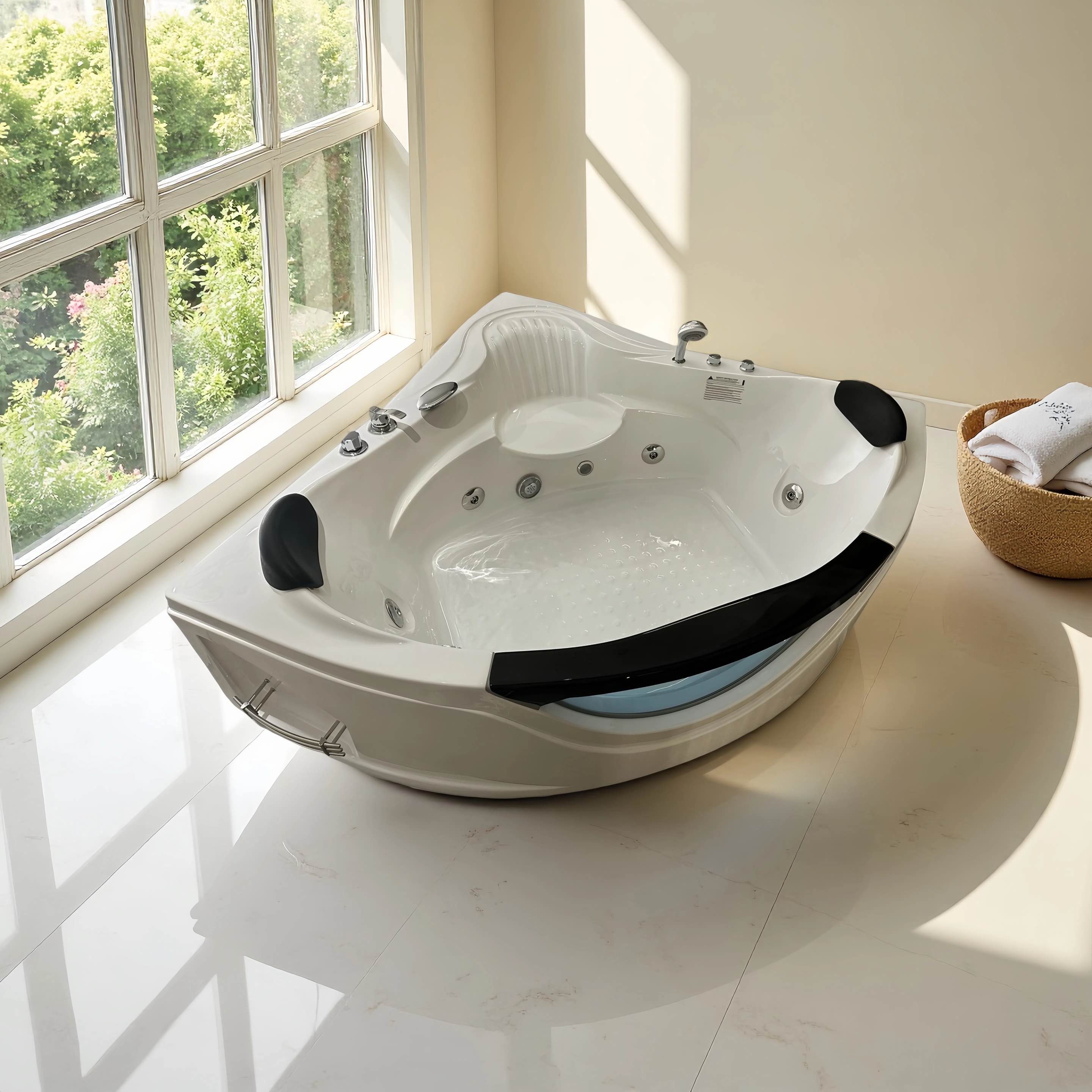 59" Corner Whirlpool Massage Bathtub for 2 Persons with Hydrotherapy Jets & LED Mood Lighting