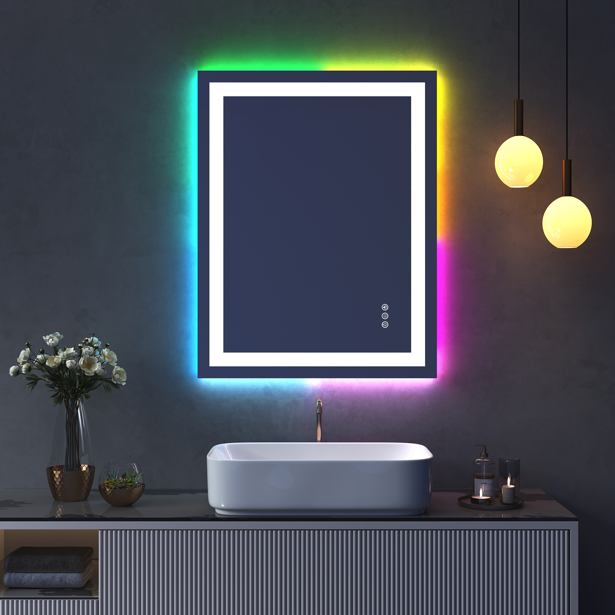 Tempered RGB LED Bathroom Mirror with Smart Controls & Anti-Fog