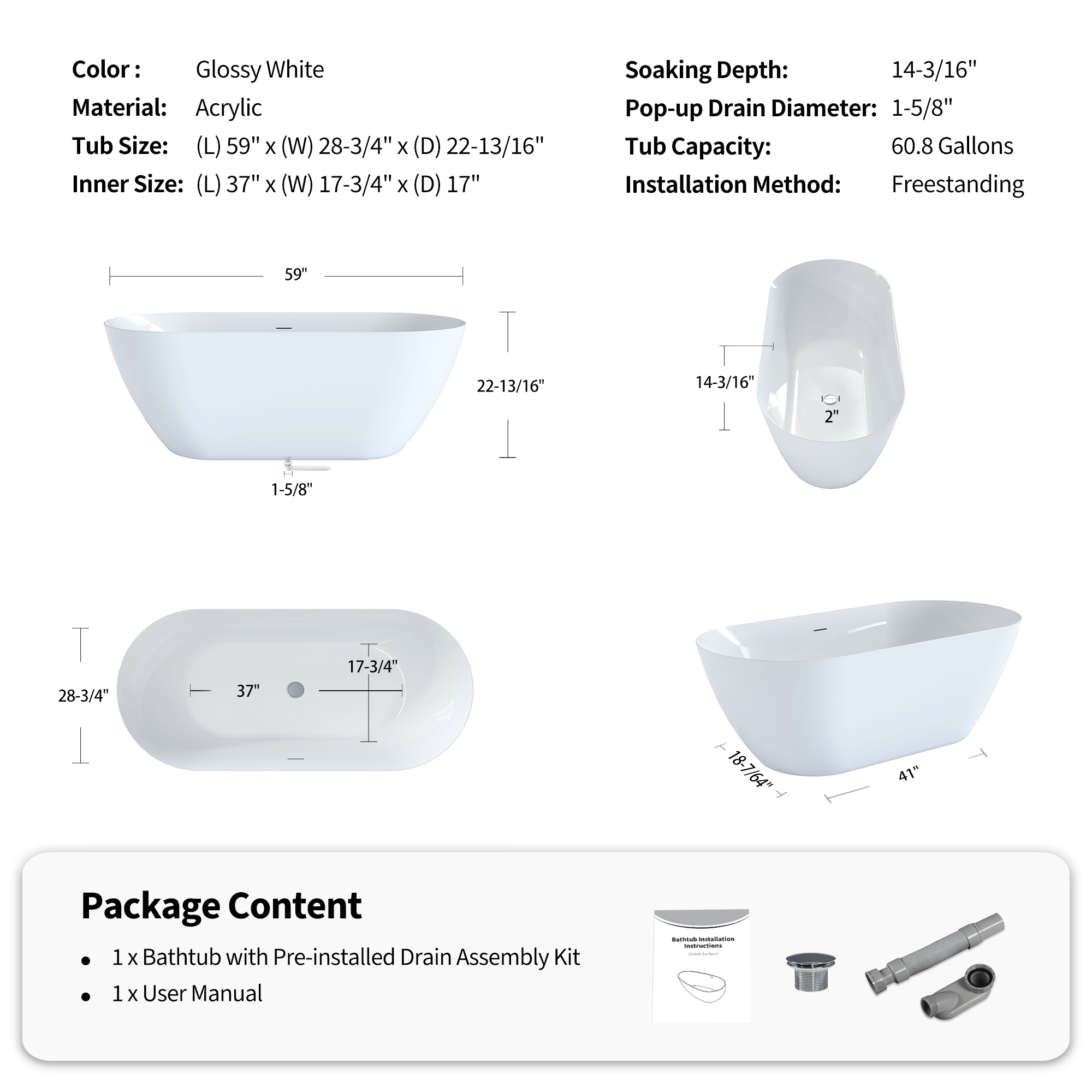 59" Glossy White Acrylic Freestanding Oval Soaking Bathtub with Center Pop-Up Drain and Integrated Overflow