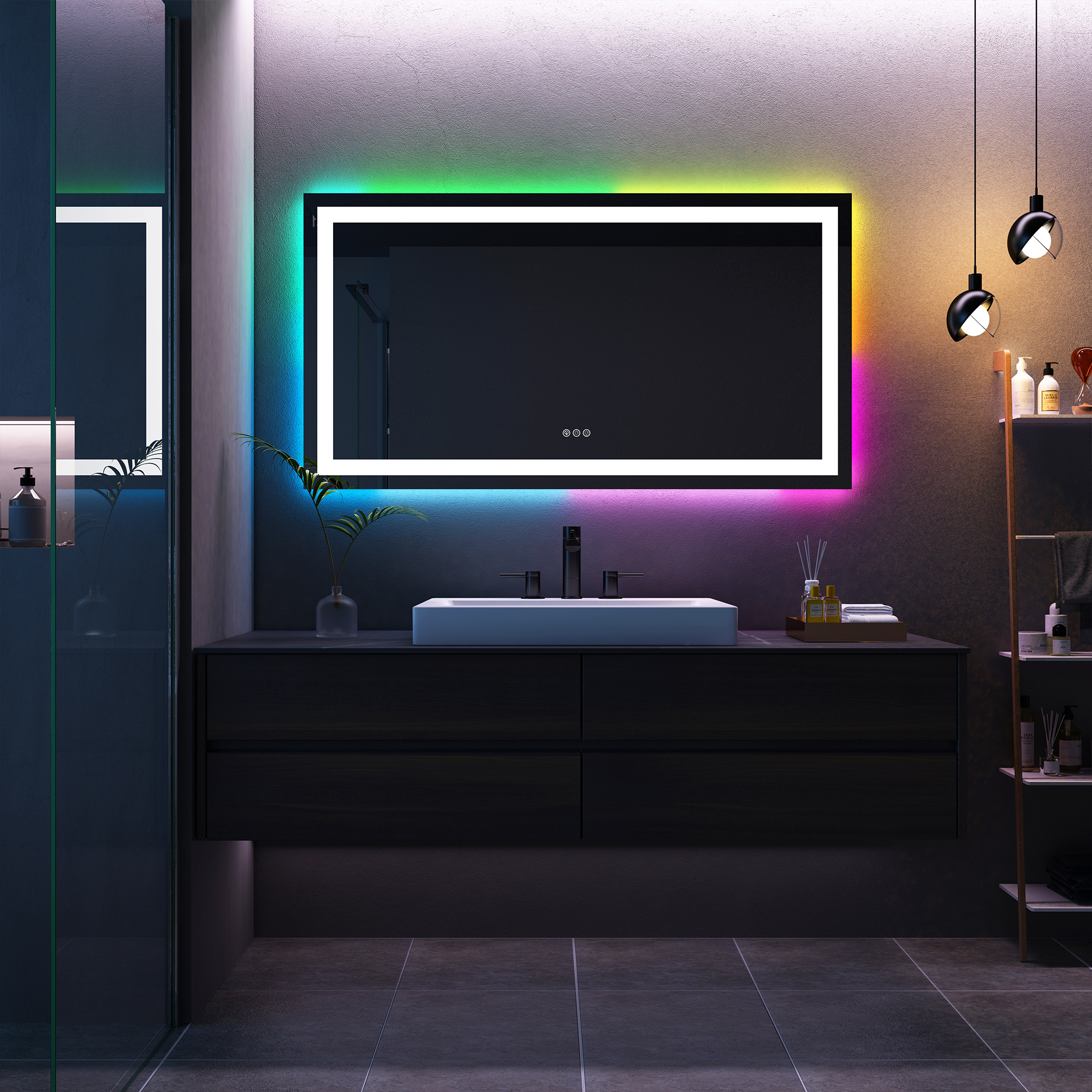 Tempered RGB LED Bathroom Mirror with Smart Controls & Anti-Fog