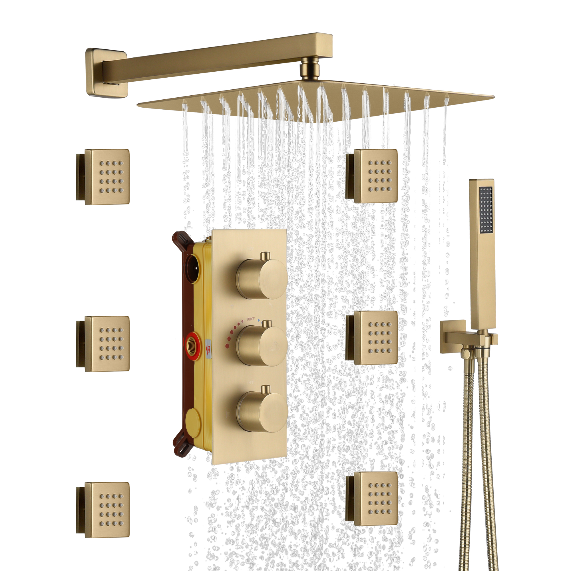 12" Thermostatic Complete Shower System with Rough-in Valve & 6 Body Jets