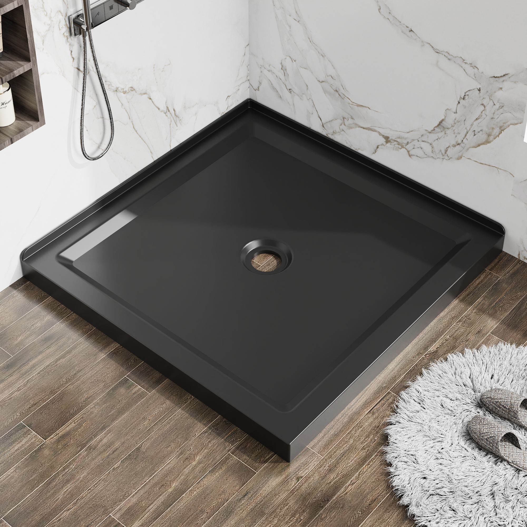 36" x 36" Black Acrylic Shower Base with Center Drain, Anti-Slip Double Threshold Design