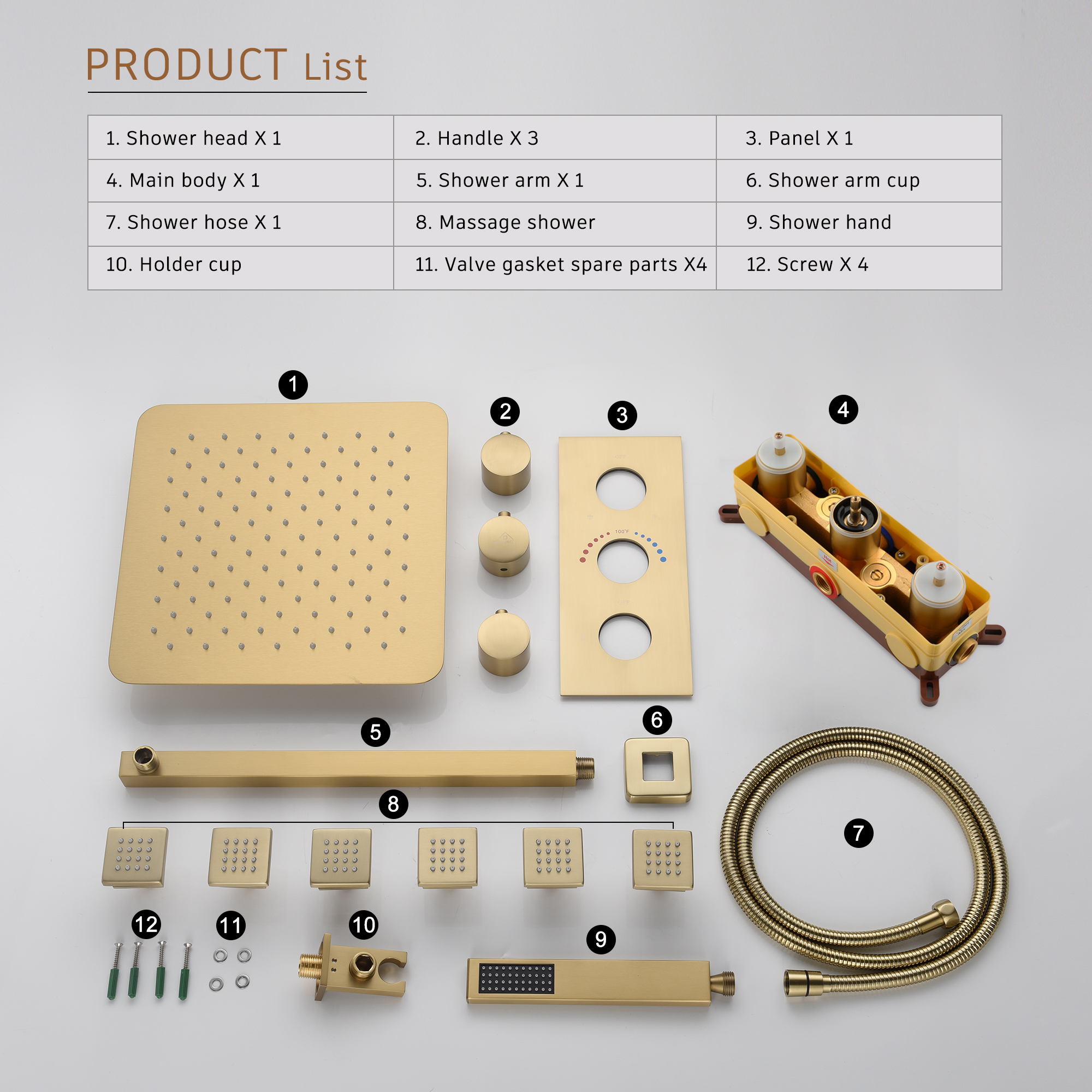 12" Thermostatic Complete Shower System with Rough-in Valve & 6 Body Jets