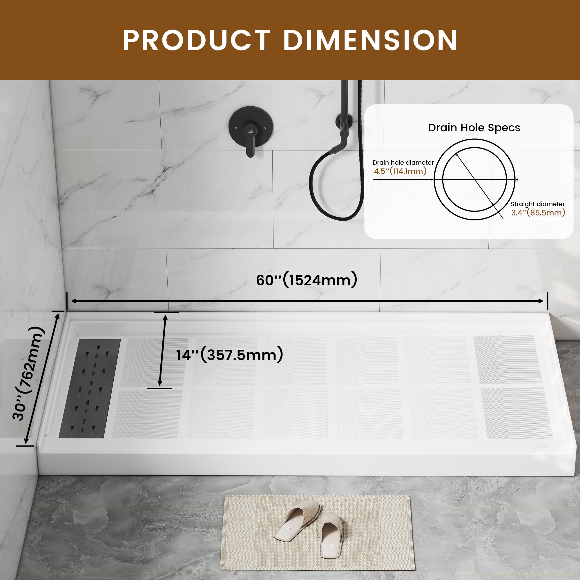 60"x30" Solid Surface Alcove Shower Pan Base in White, Drain Included