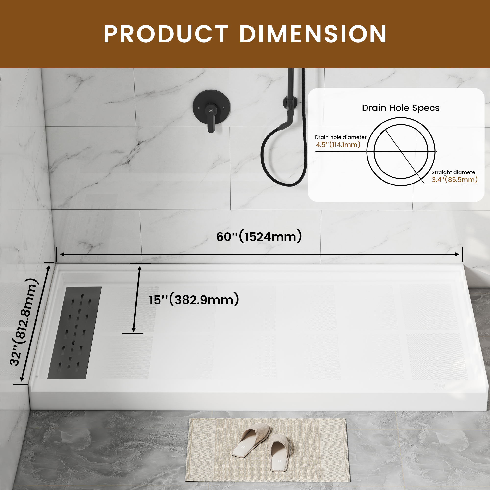 60"x32" White Solid Surface Single Threshold Alcove Shower Pan Base