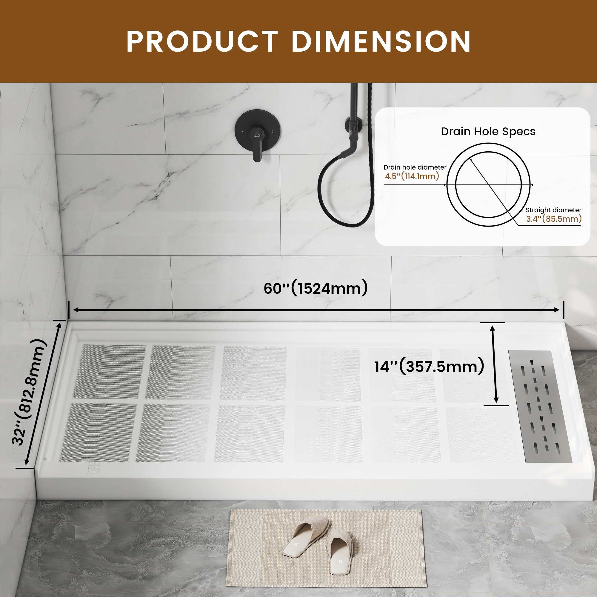 60"x32" White Solid Surface Single Threshold Alcove Shower Pan Base