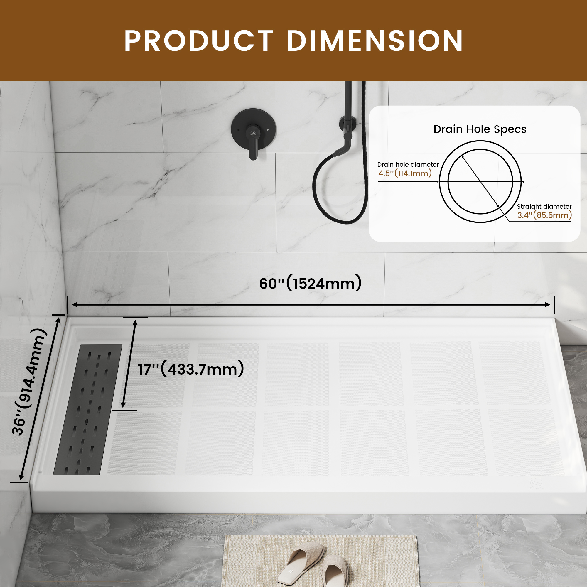 60"x36" White Solid Surface Rectangle Single Threshold Shower Pan Base