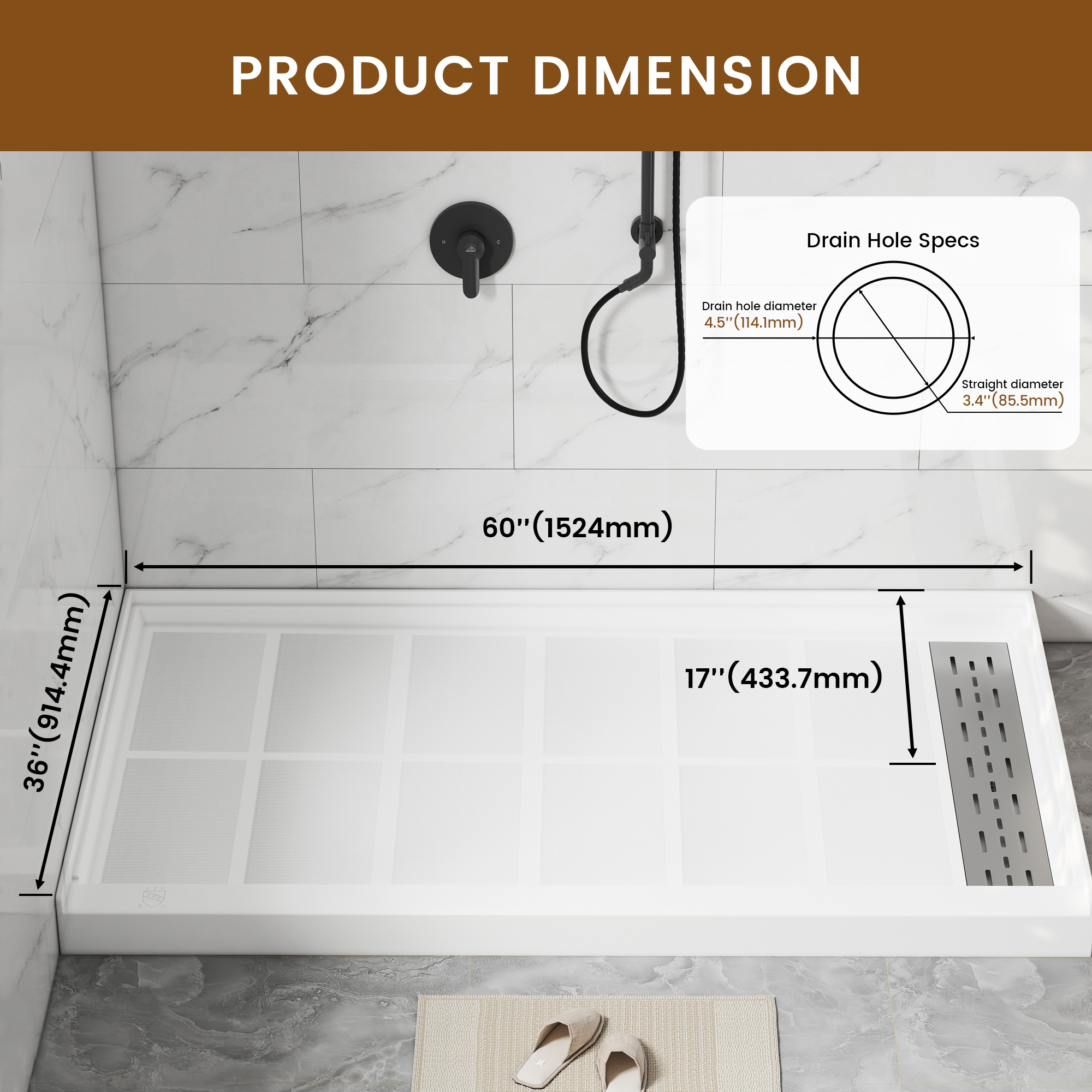 60"x36" White Solid Surface Rectangle Single Threshold Shower Pan Base
