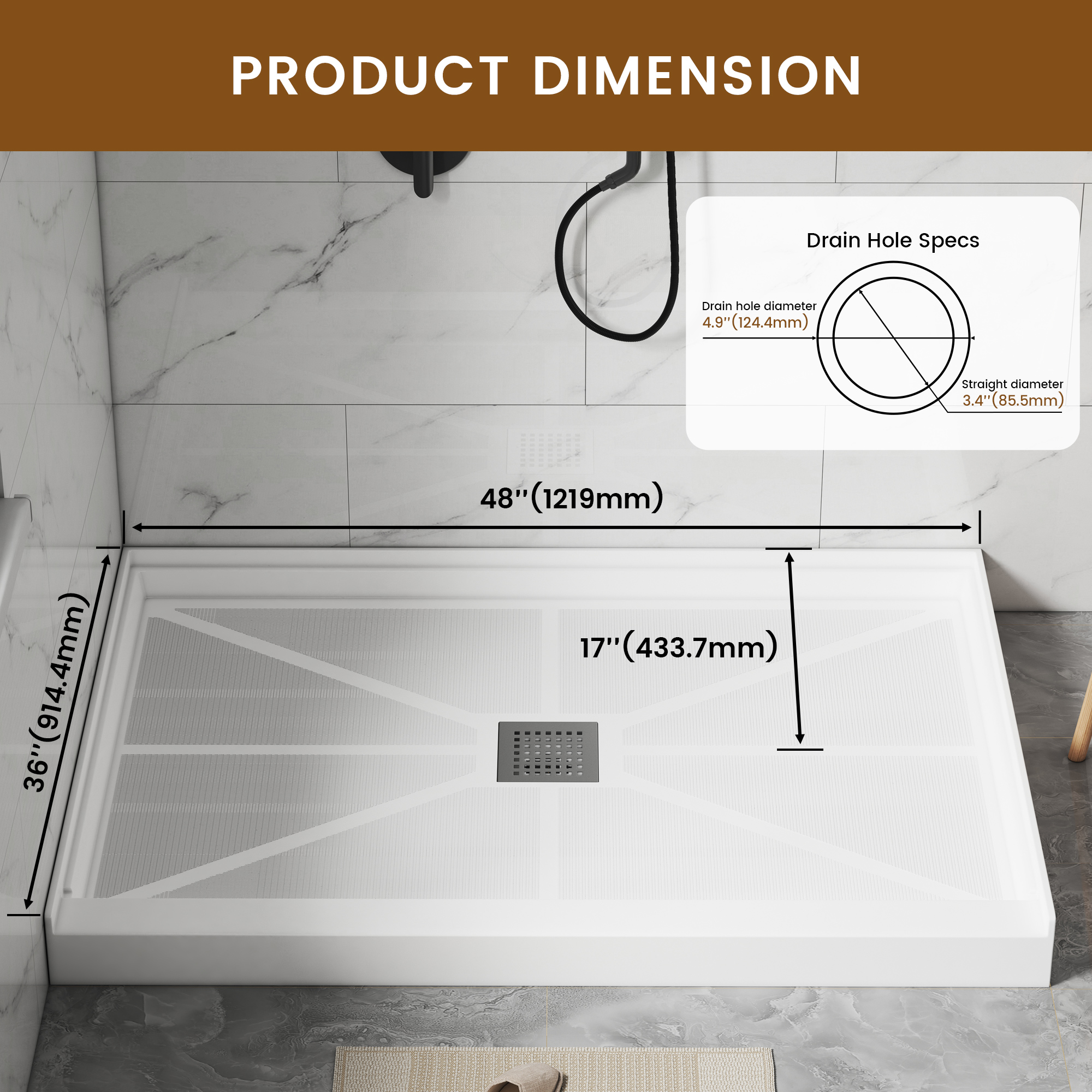 Rectangle Solid Surface White Shower Pan Base with Center Drain