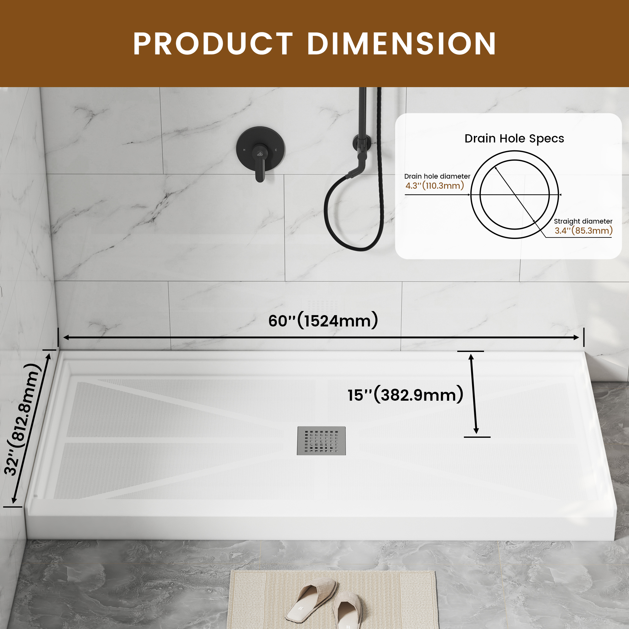 Rectangle Solid Surface White Shower Pan Base with Center Drain