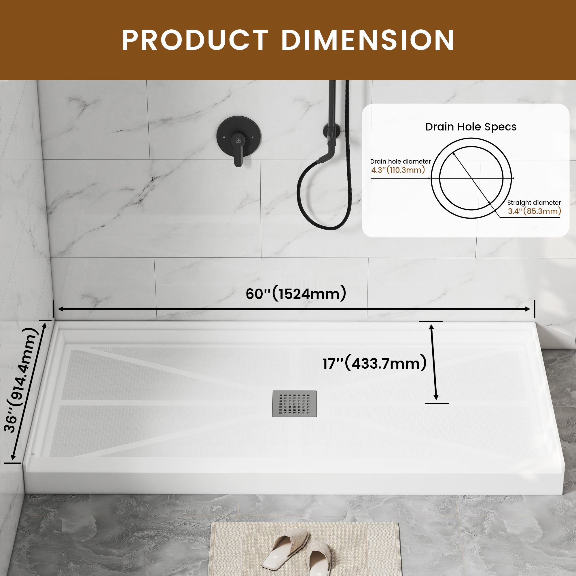 Rectangle Solid Surface White Shower Pan Base with Center Drain