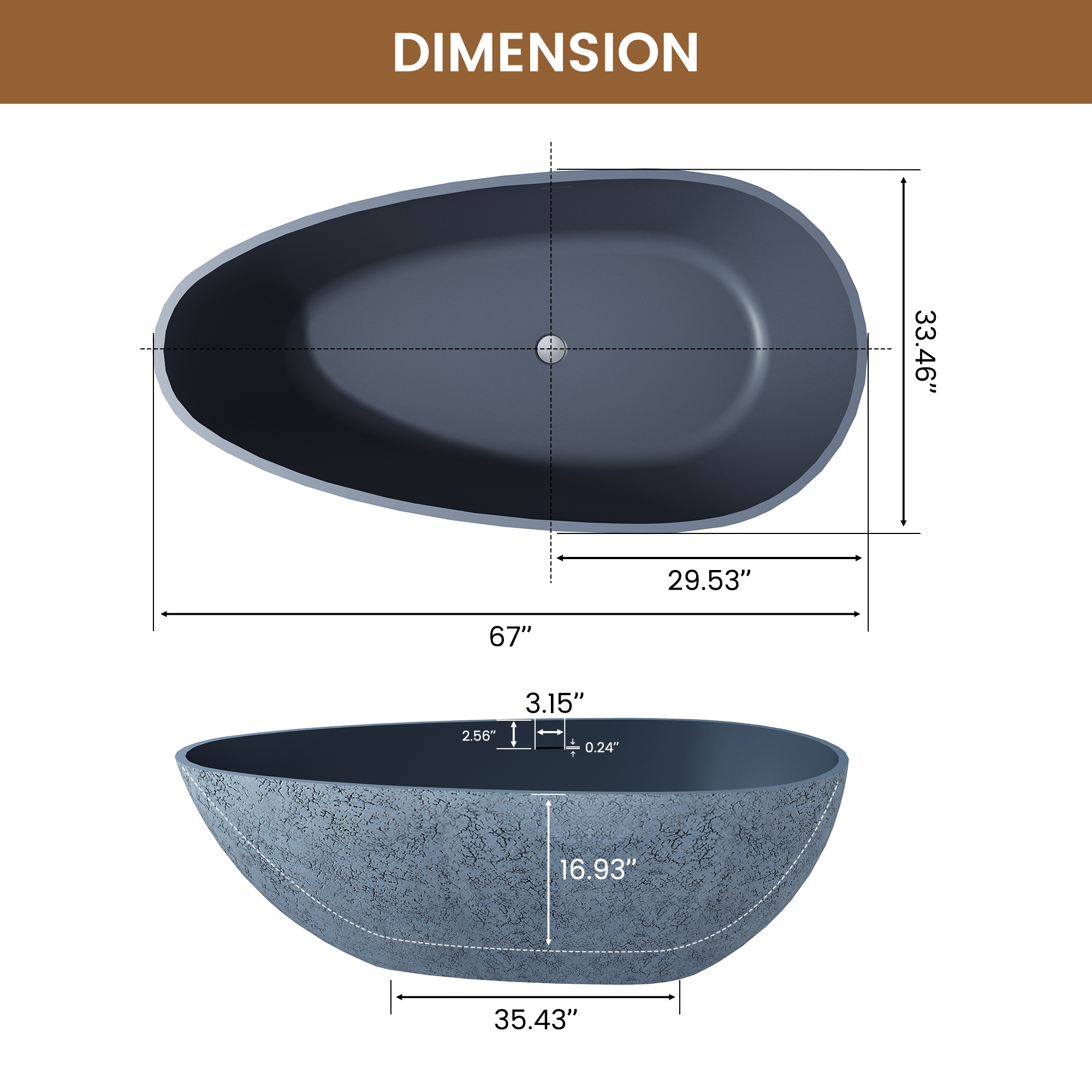 59" Freestanding Resin Stone Soaking Bathtub with Cement-Colored Body and Outer Dot