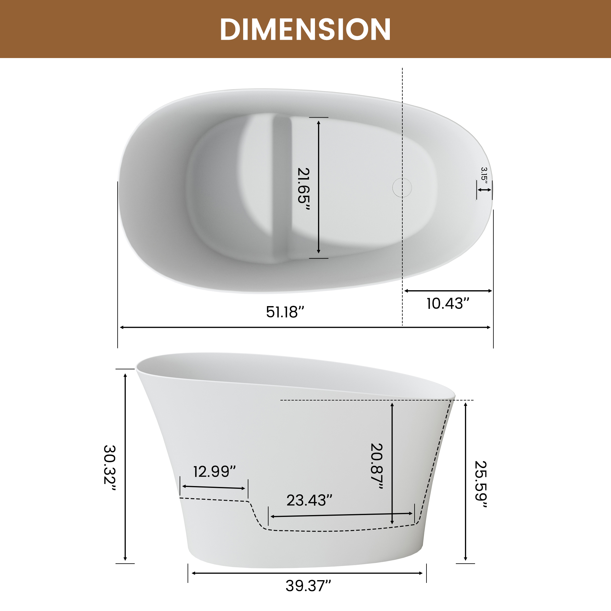 51" Solid Surface Freestanding Bathtub with Raised Edge and Built-in Mini Seat