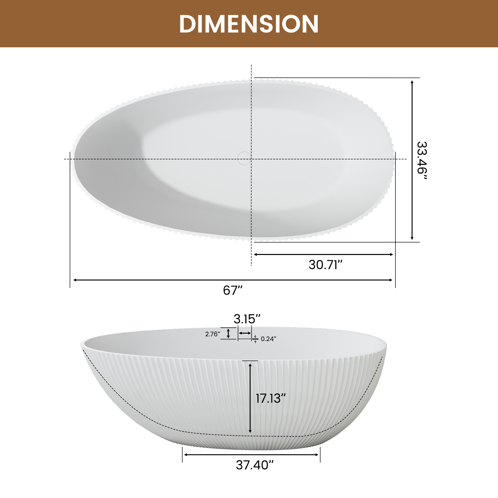 67" Solid Surface Freestanding Soaking Bathtub with Ribbed Textured Design