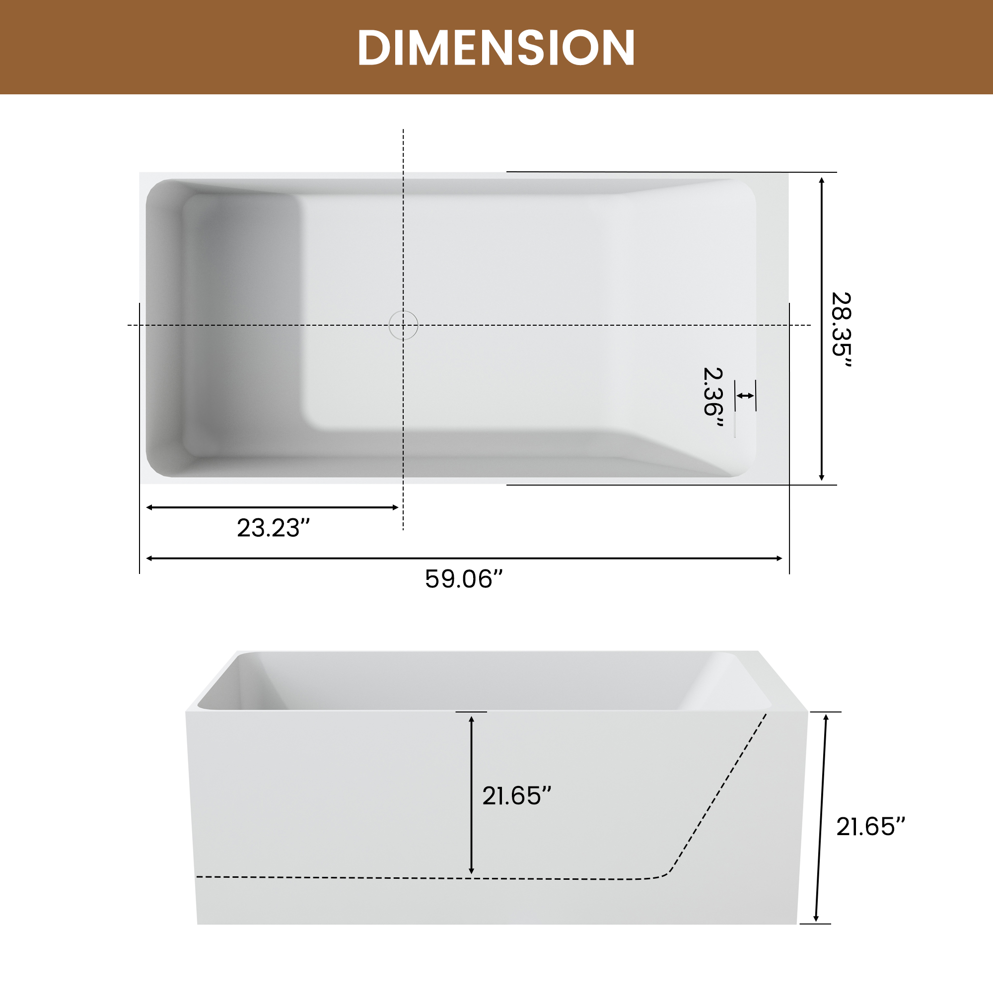 59" Rectangular Solid Surface Freestanding Bathtub with Sloped Backrest