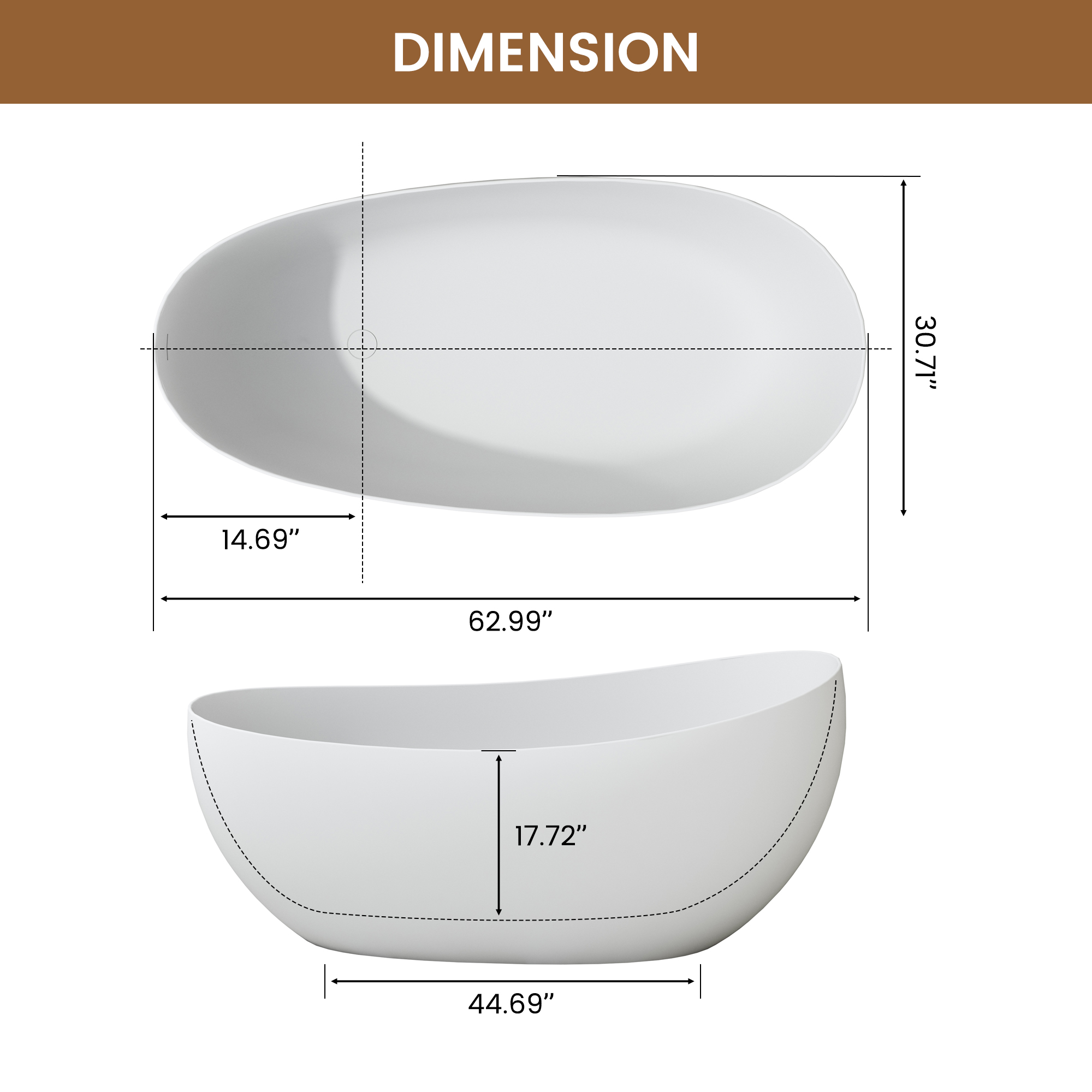 63" Solid Surface Freestanding Soaking Bathtub with High Backrest