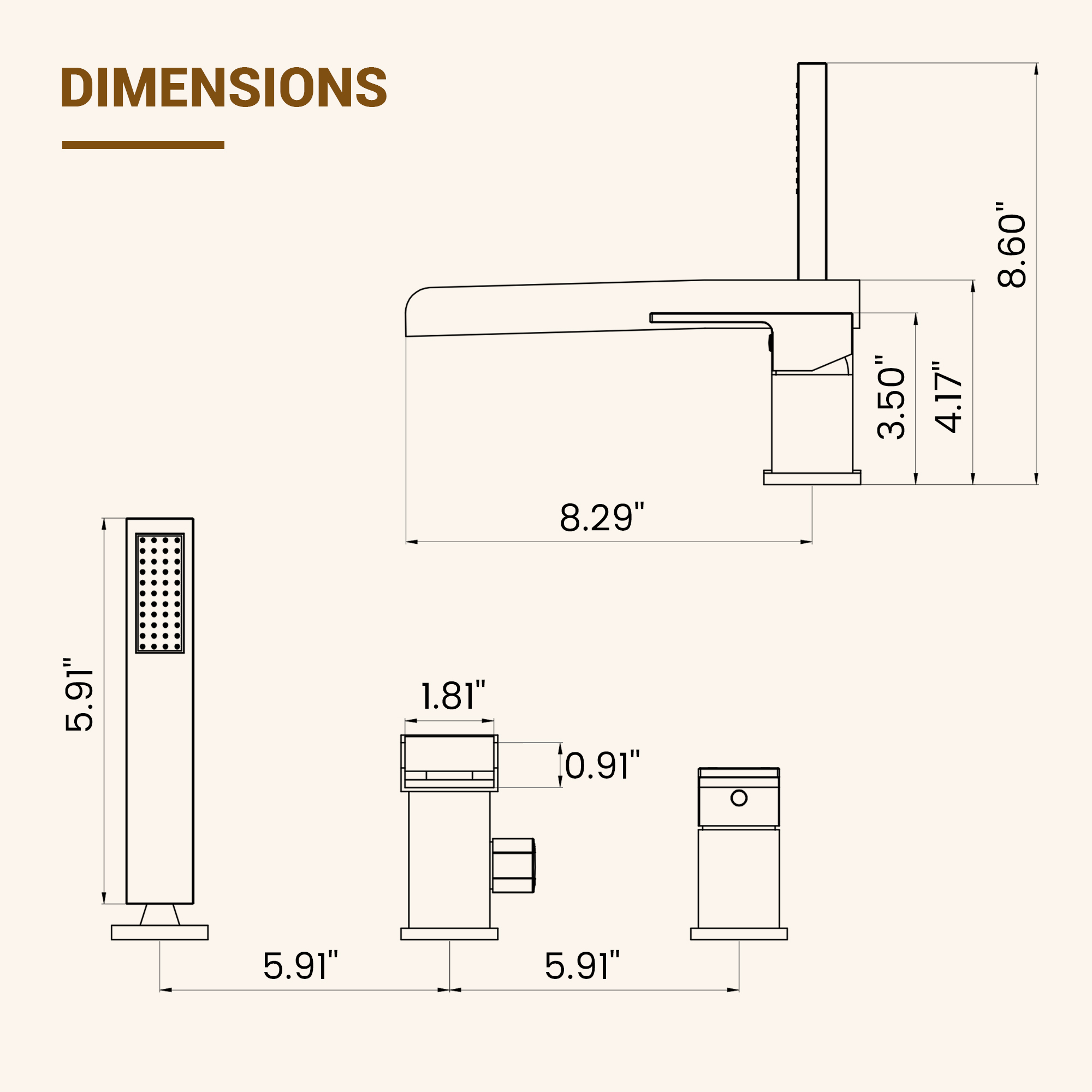 Single-Handle 3 Holes Waterfall Bathtub Filler Faucet with Hand Shower