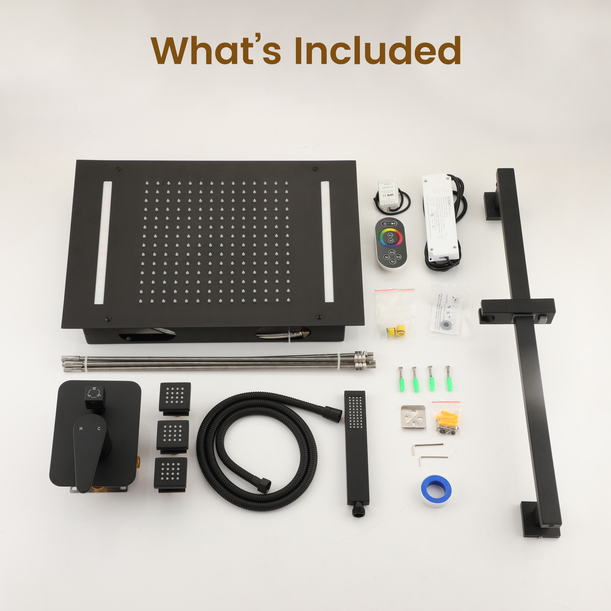 20*14 inch 3-Function Body Jet Shower System with LED Lights & Slide Bar