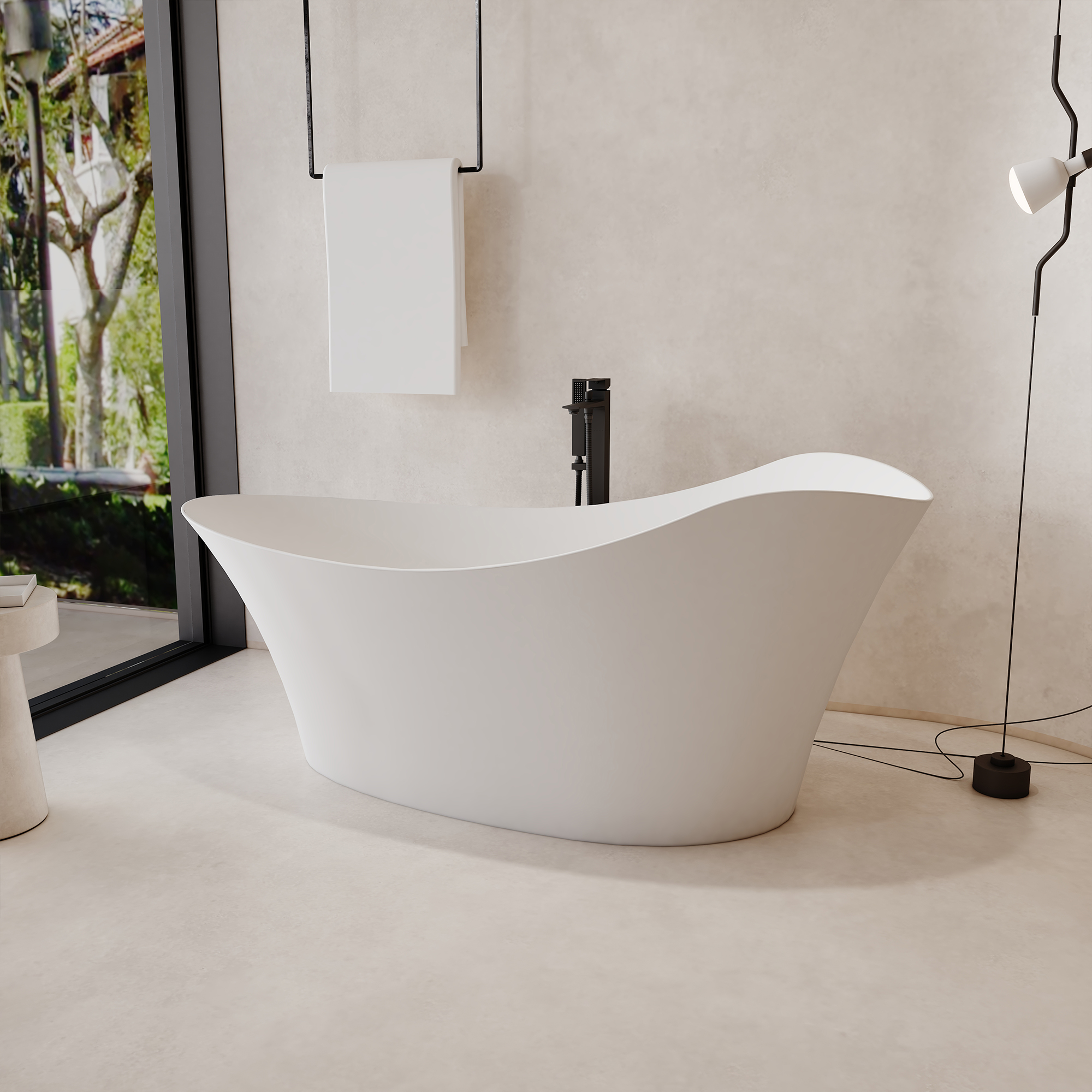 67" Solid Surface Freestanding Soaking Bathtub with Elegant Curved Design
