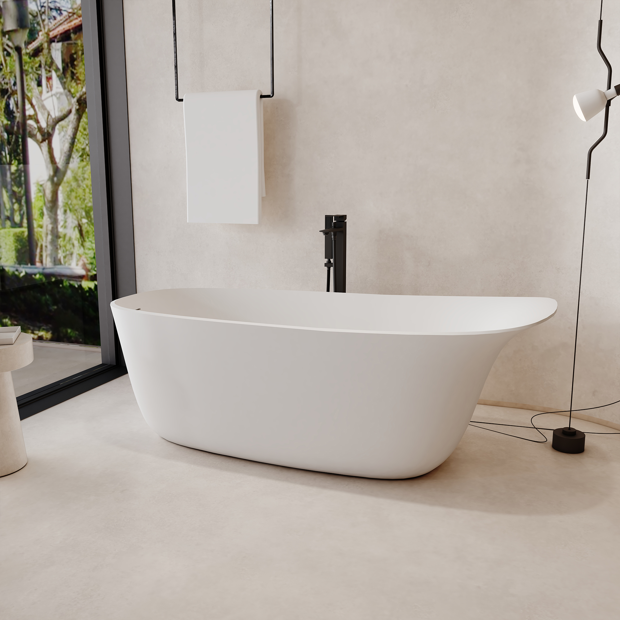 63" Solid Surface Freestanding Soaking Tub with Unique Cap Design
