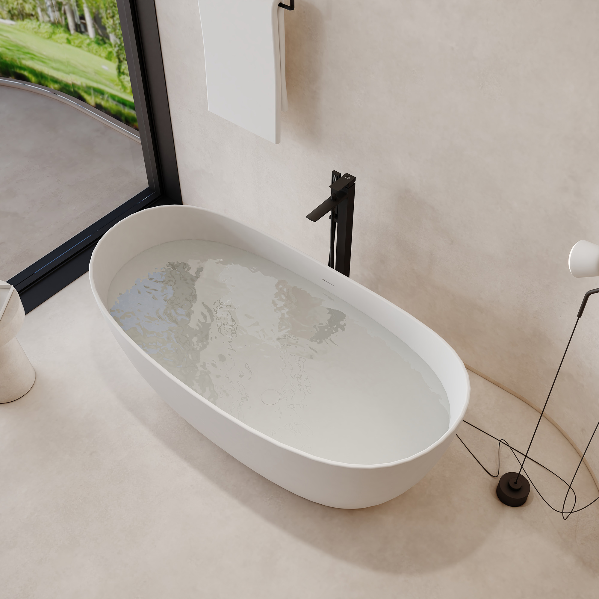 63" Freestanding Solid Surface Stone Bathtub with Symmetrical Moon Design